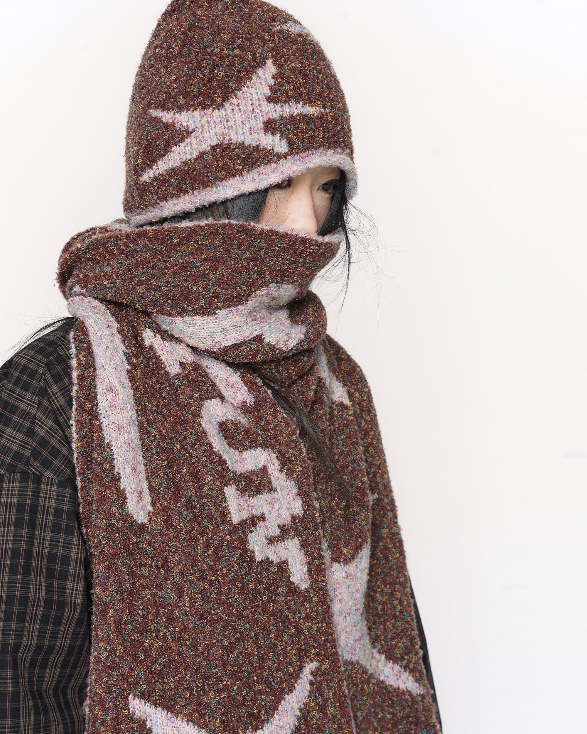 CONFUN Retro Star Bouclé Knit Scarf & Beanie