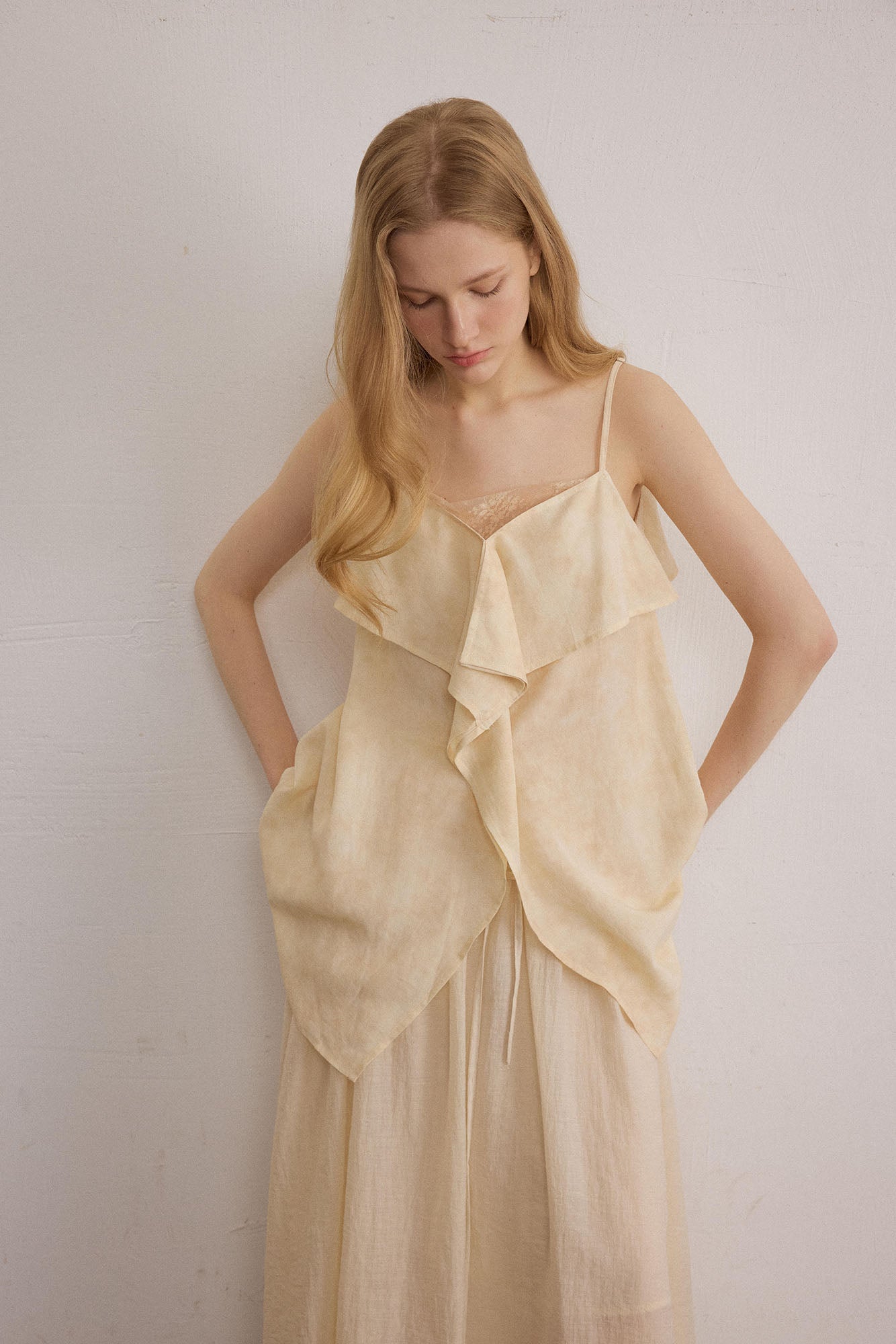 SAME FLOW Asymmetrical Draped Lace-Panel Cami Top