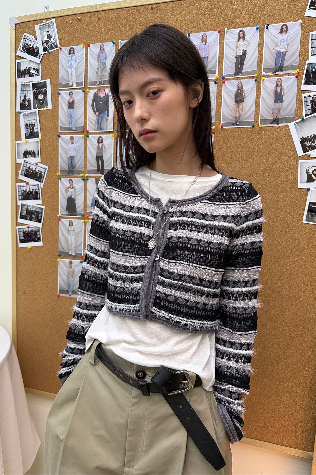 NEVERSEEZ Raw-Hem Stripe Cropped Cardigan