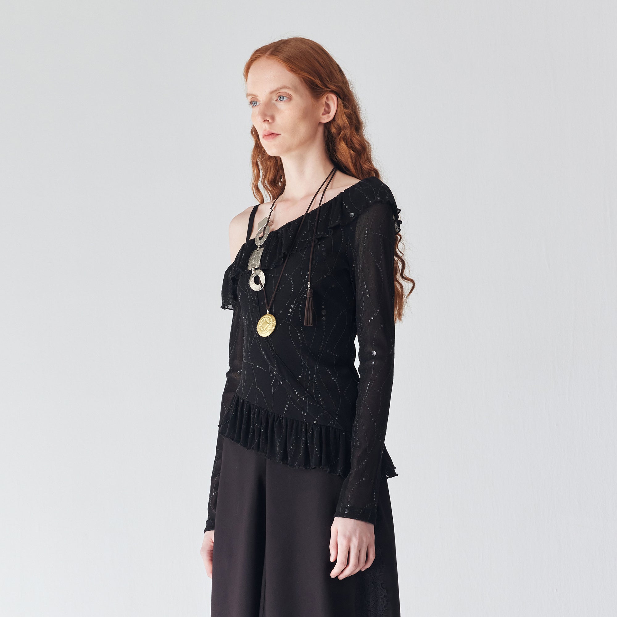 JIUWU PARK Off-Shoulder Ruffle-Hem Mesh Long-Sleeve Tee