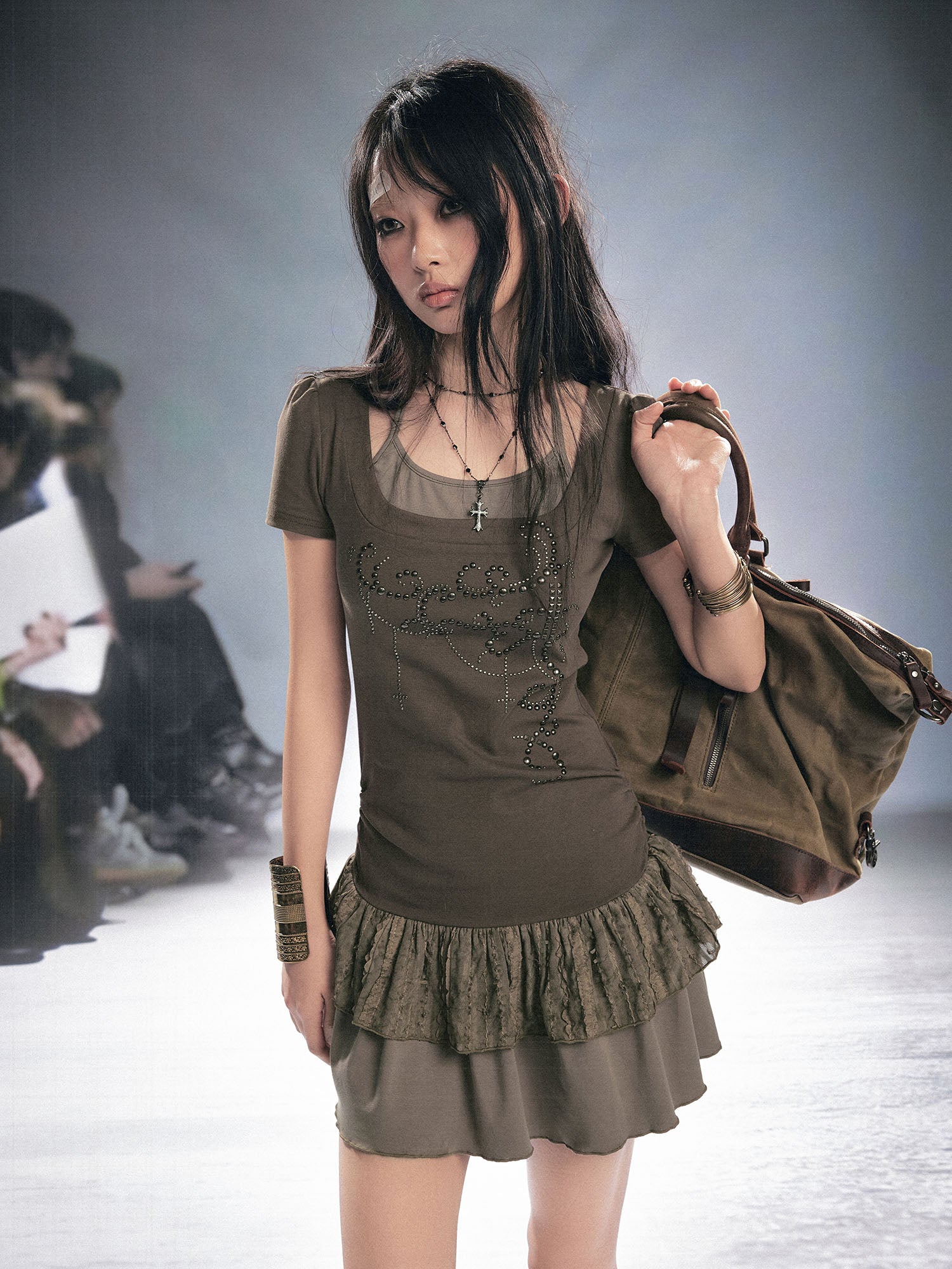 CESTNOUS Studded Faux Layered Ruffle Hem Dress