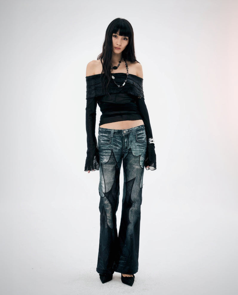 DND4DES×Faychui Mesh-Panelled Washed Flared Jeans, premium urban and streetwear designers apparel on PROJECTISR.com, DND4DES