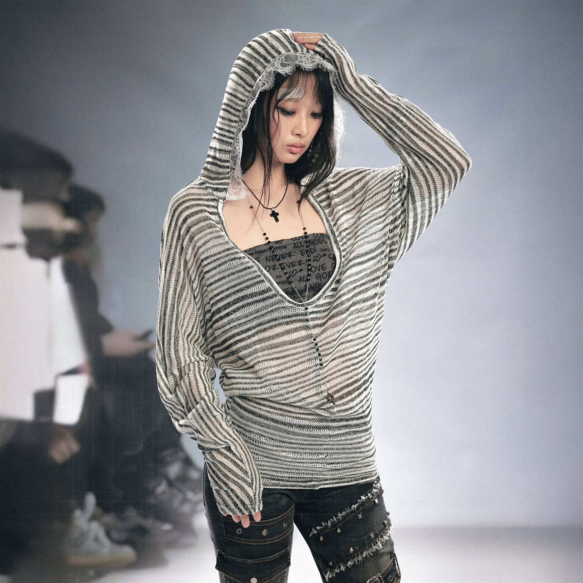 CESTNOUS Striped Sheer Hooded Long-Sleeve Tee