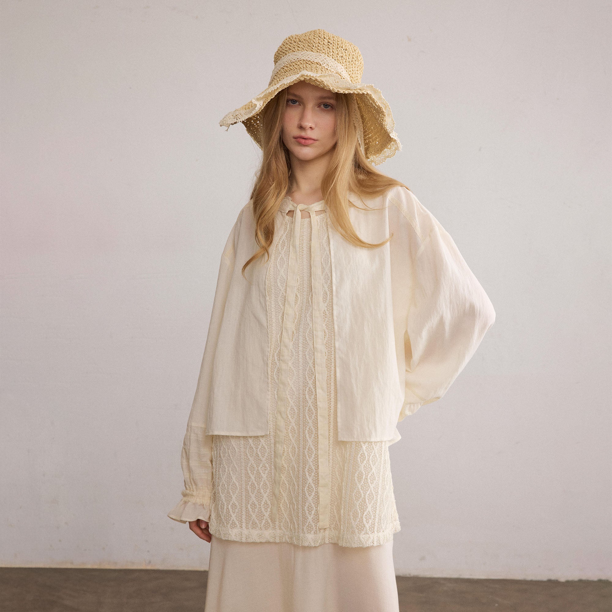 SAME FLOW Layered Lace-Panel Tie-Neck Long-Sleeve Tee