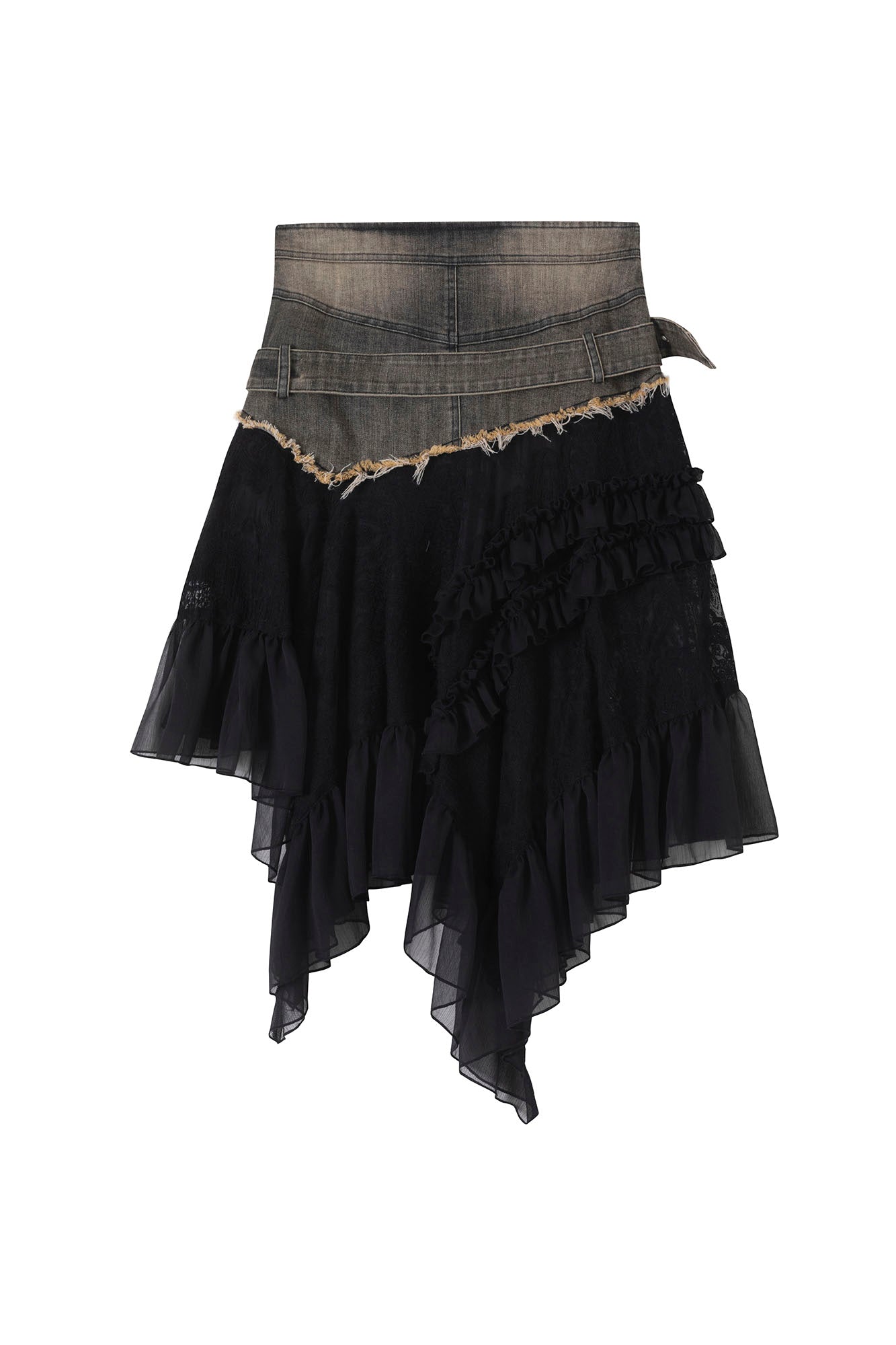 CESTNOUS Denim Belt-Waist Lace Ruffle Asym Skirt