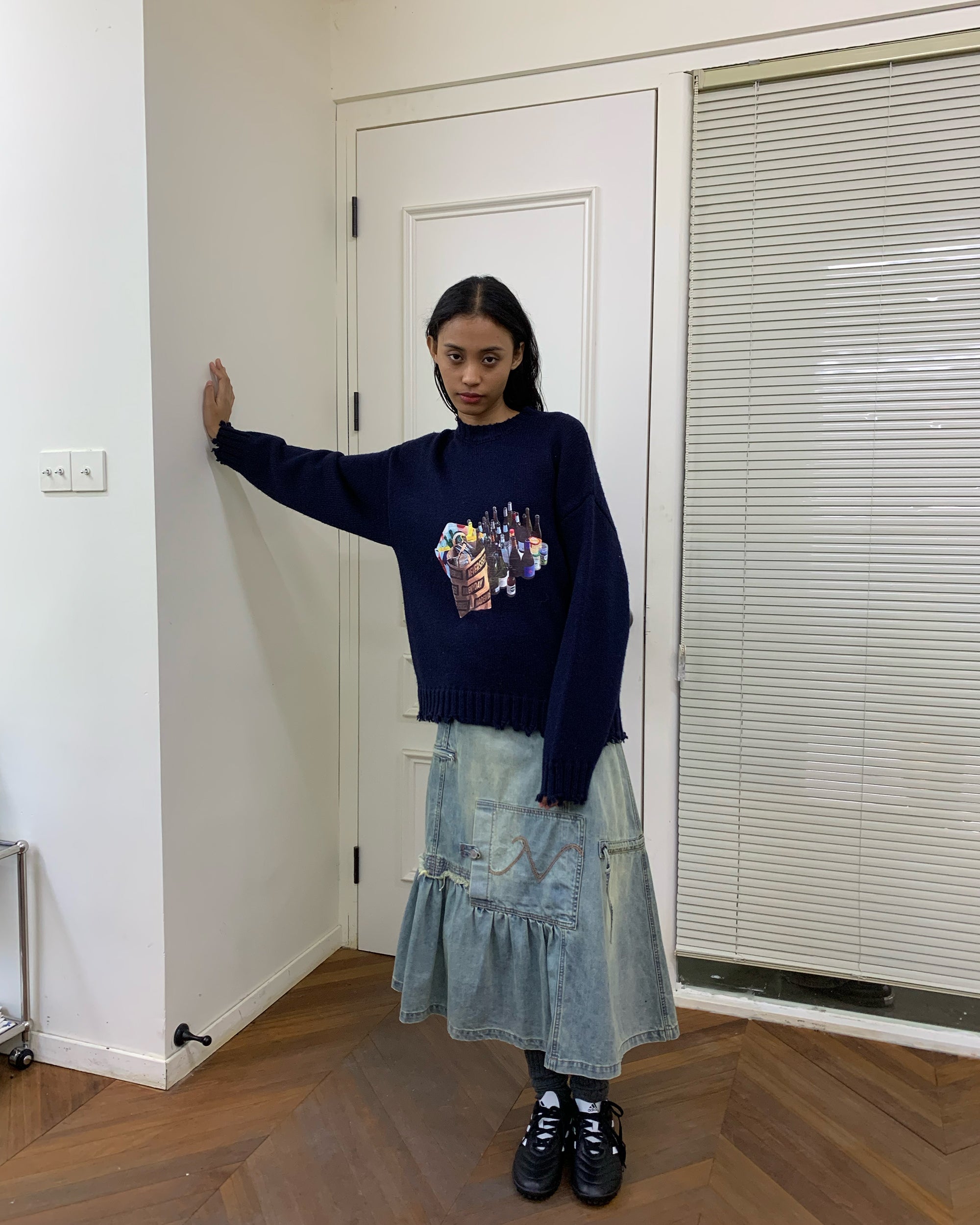 NEVERSEEZ Retro Wash Asymmetrical Denim Midi Skirt