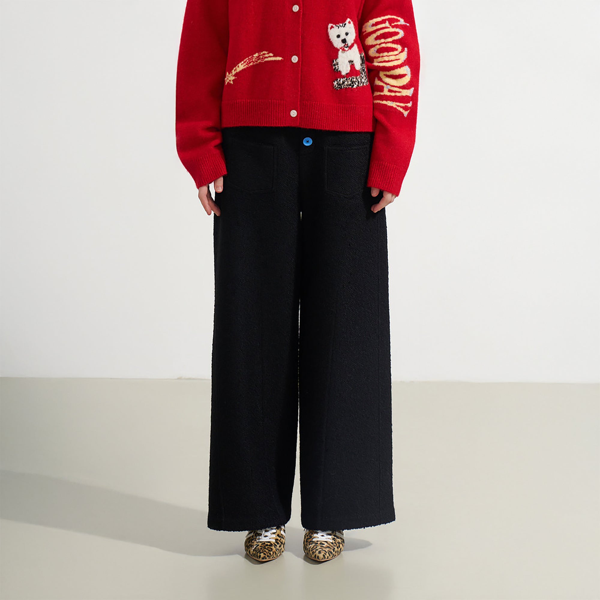 SOFITTE Wool-Blend Color Button Wide-Leg Pants