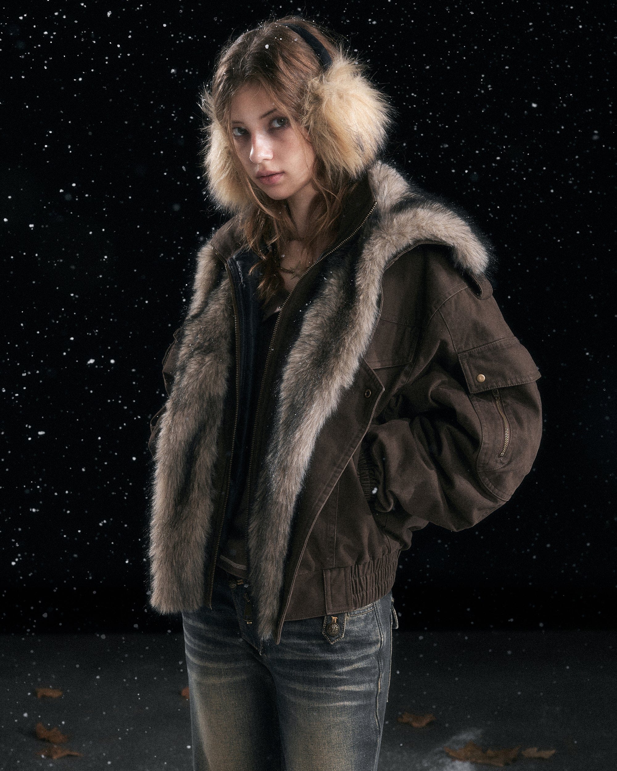 CESTNOUS Retro Detachable Faux-Fur Collar Bomber Jacket