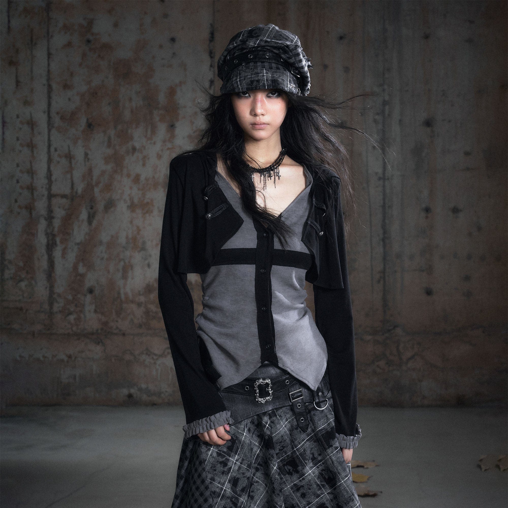 CESTNOUS Layered Hooded Ruched Cinched Waist Top