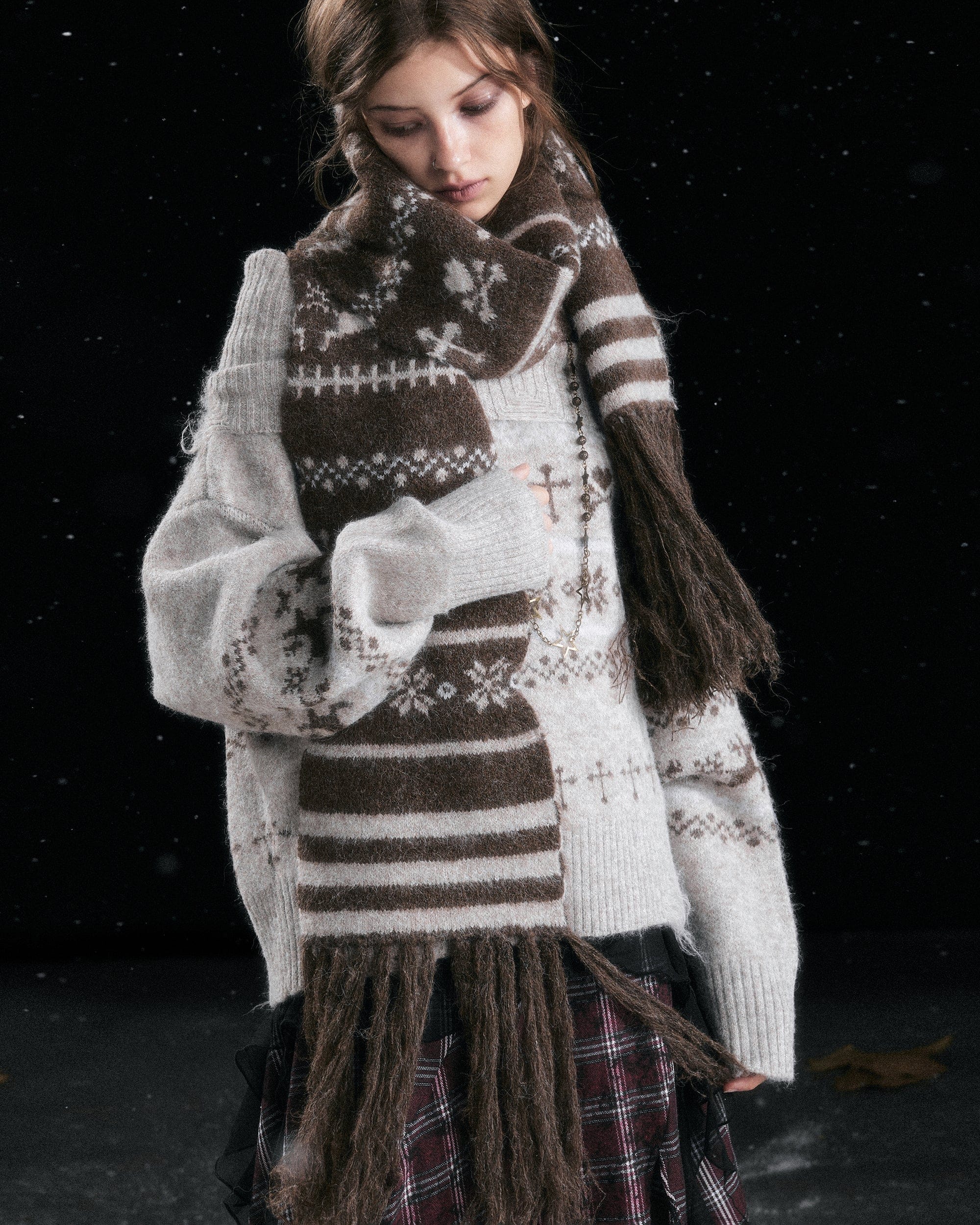 CESTNOUS Fair Isle Jacquard Fringe Scarf