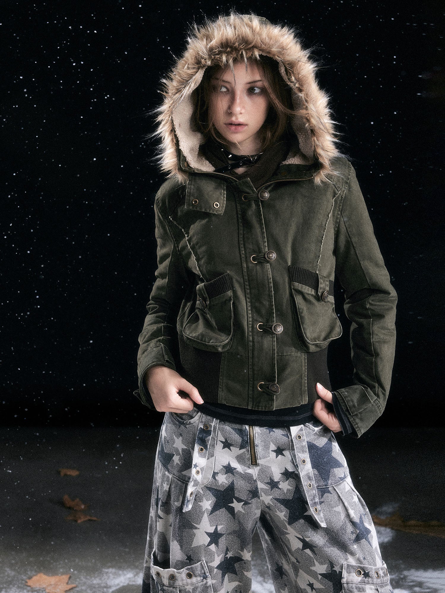 CESTNOUS Washed Military Faux-Fur Hooded Padded Jacket