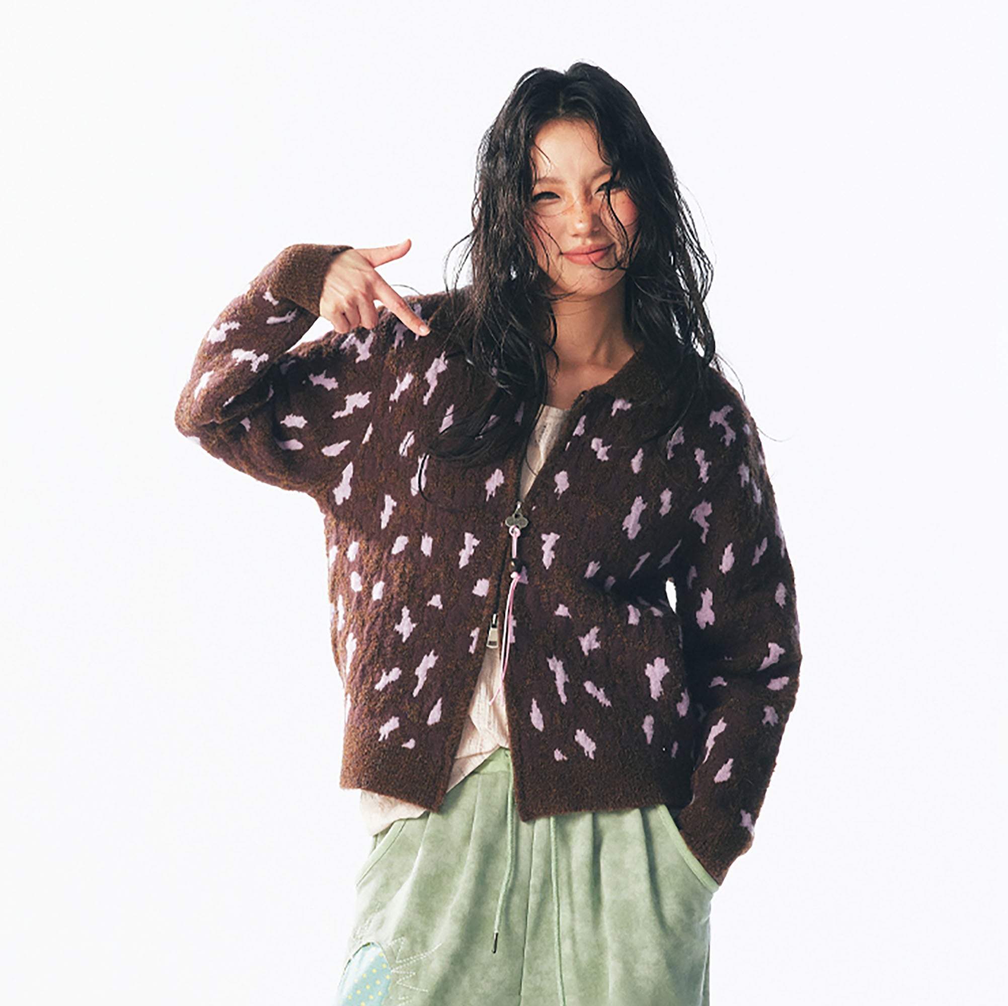 1997 POSTOFFICE Fuzzy Strawberry-Leopard Dual-Zip Knit Jacket