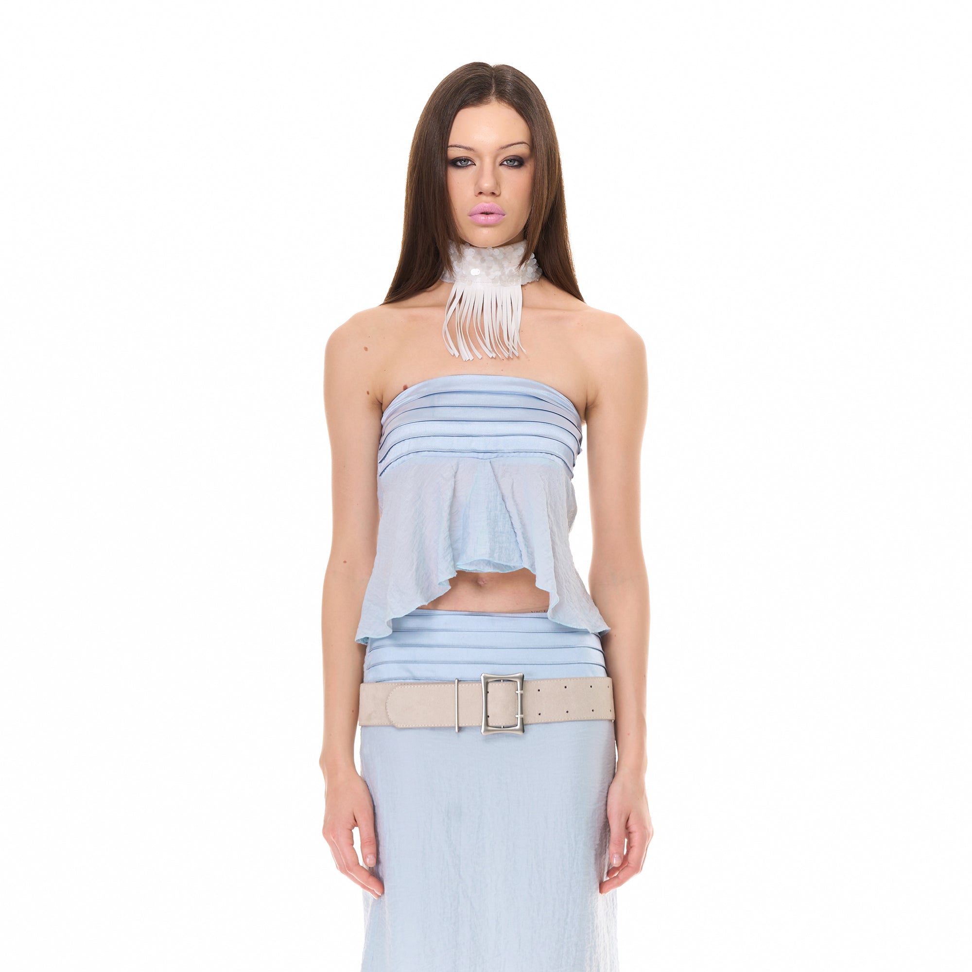 NEVER OFFEND L ANGEL Pleated Strapless Top And Sheer Midi Skirt Set