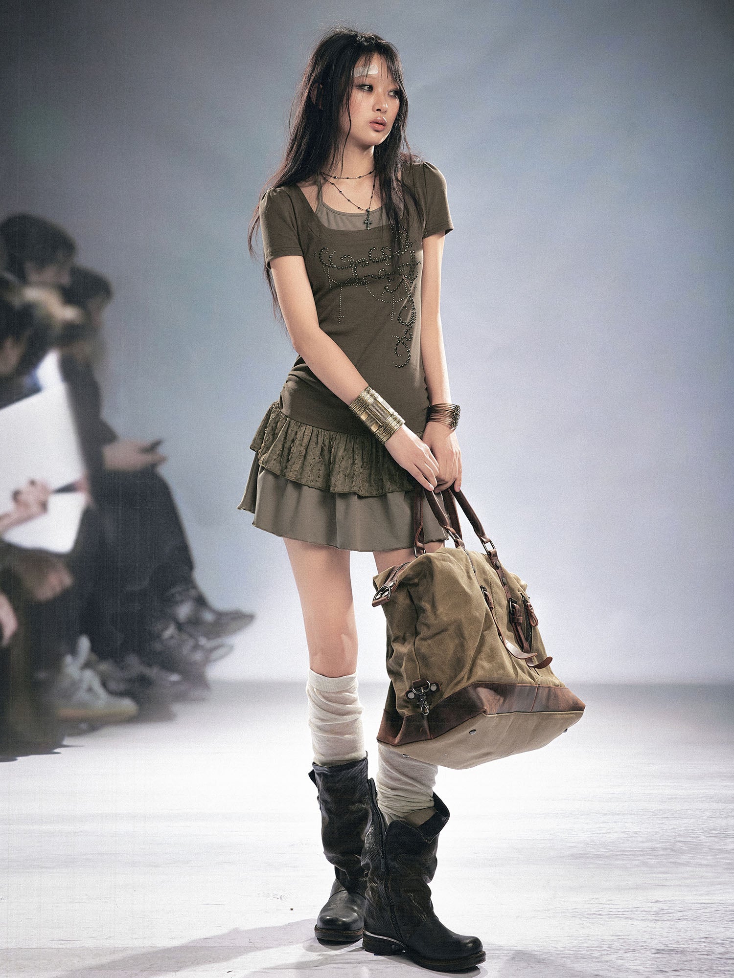 CESTNOUS Studded Faux Layered Ruffle Hem Dress