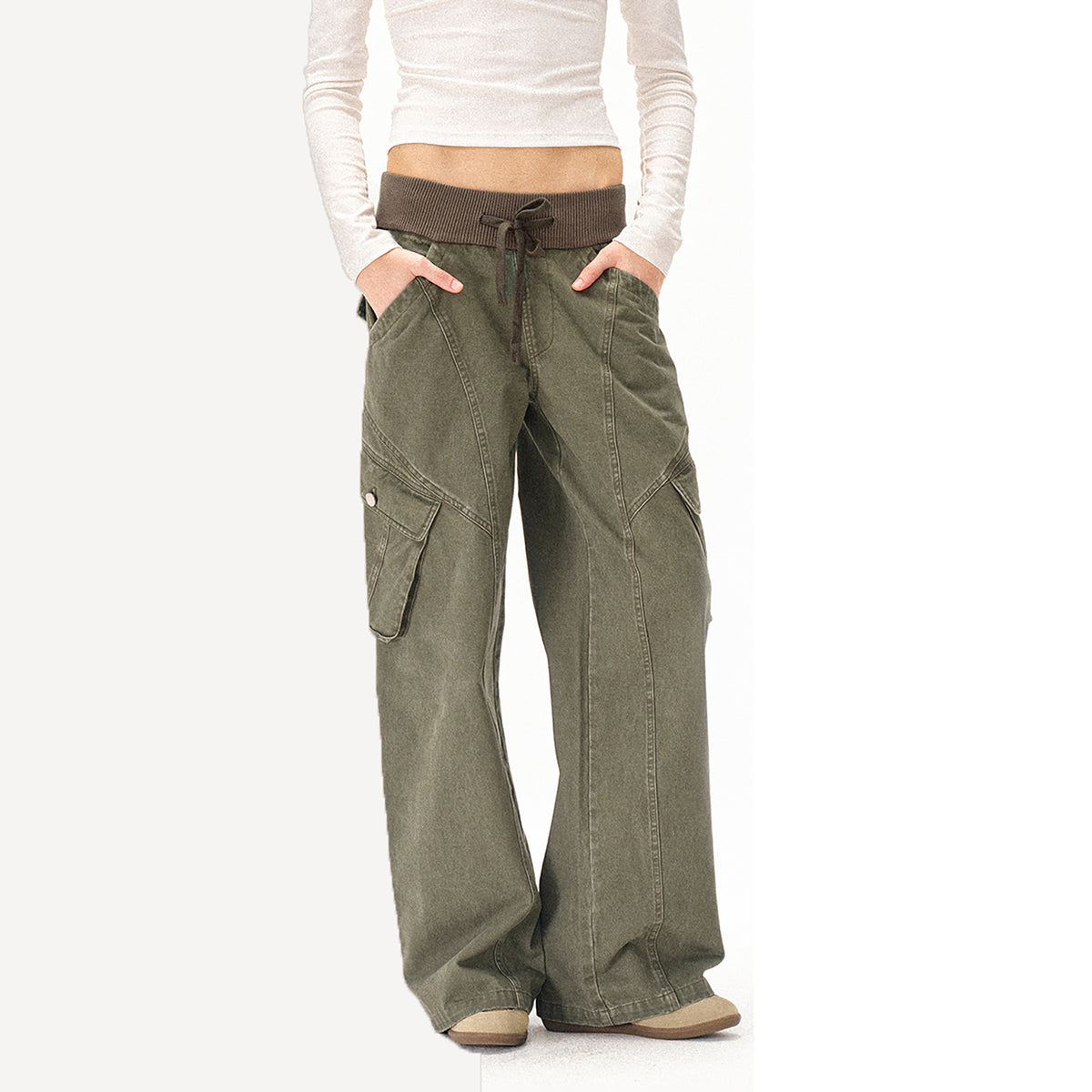 COSTUSTOOT Multi-Pocket Washed Distressed Ribbed Waist Cargo Pants
