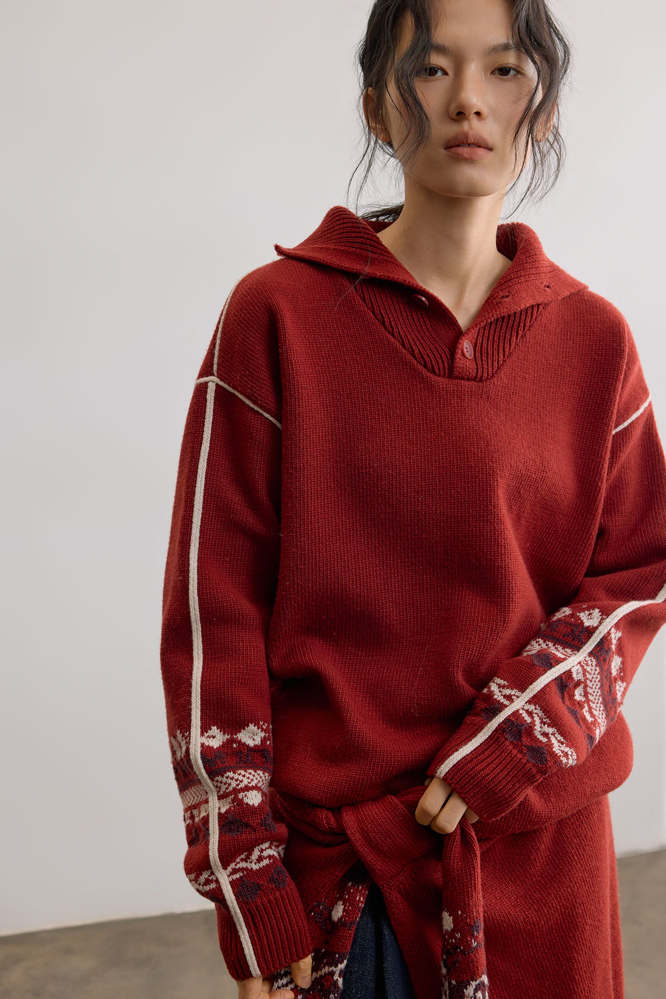 SAME FLOW Retro Jacquard Sleeve Sweater & Shawl Set