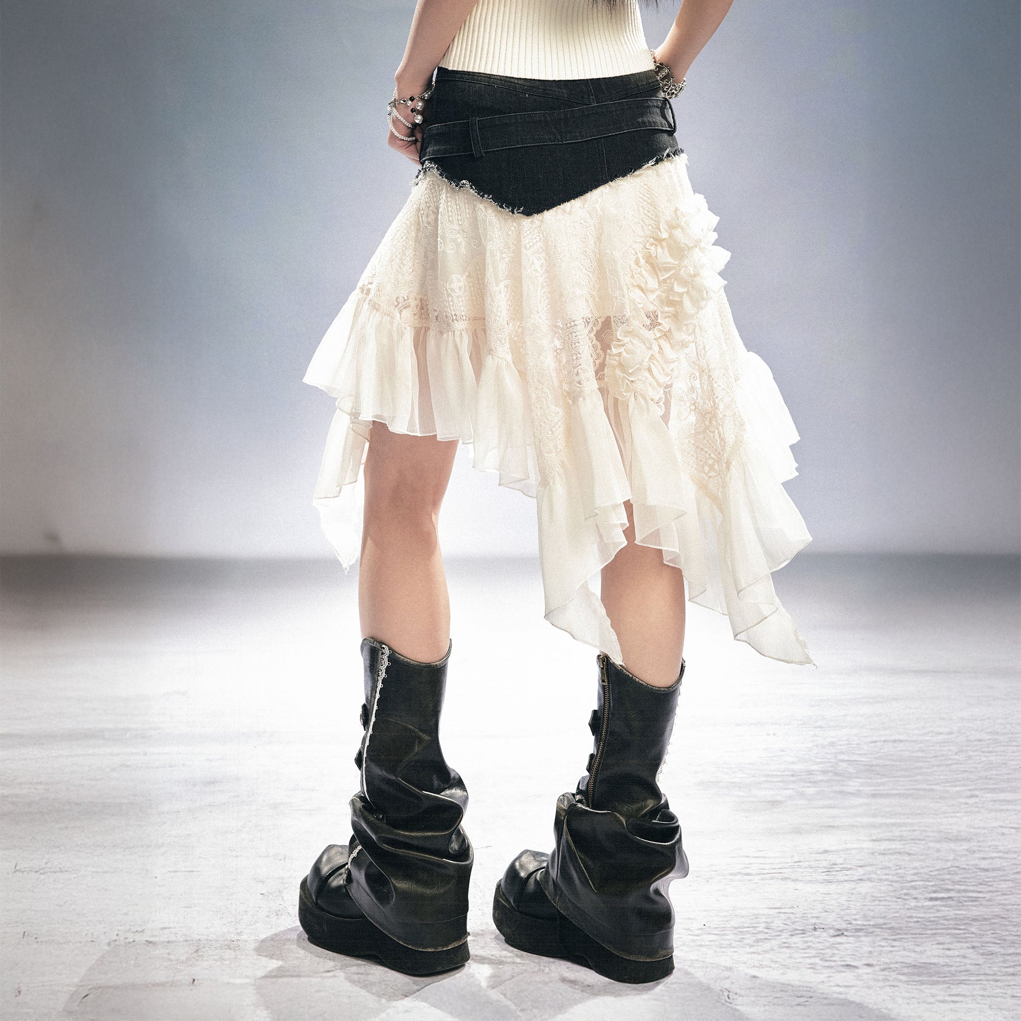 CESTNOUS Denim Belt-Waist Lace Ruffle Asym Skirt