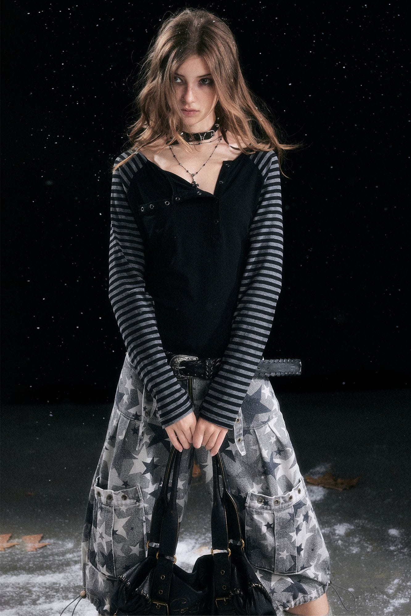 CESTNOUS Striped Sleeve Grommet Henley Tee