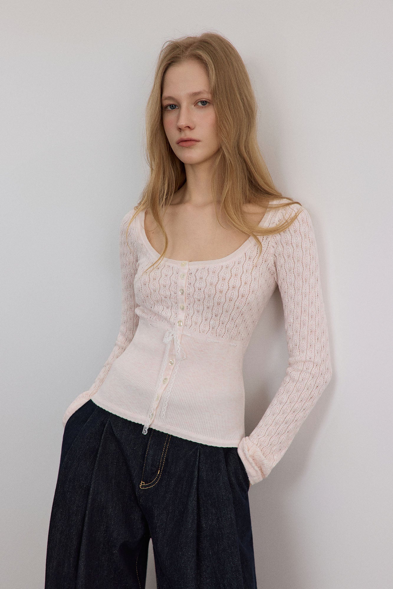 SAME FLOW Pointelle Lace-Tie Long-Sleeve Tee