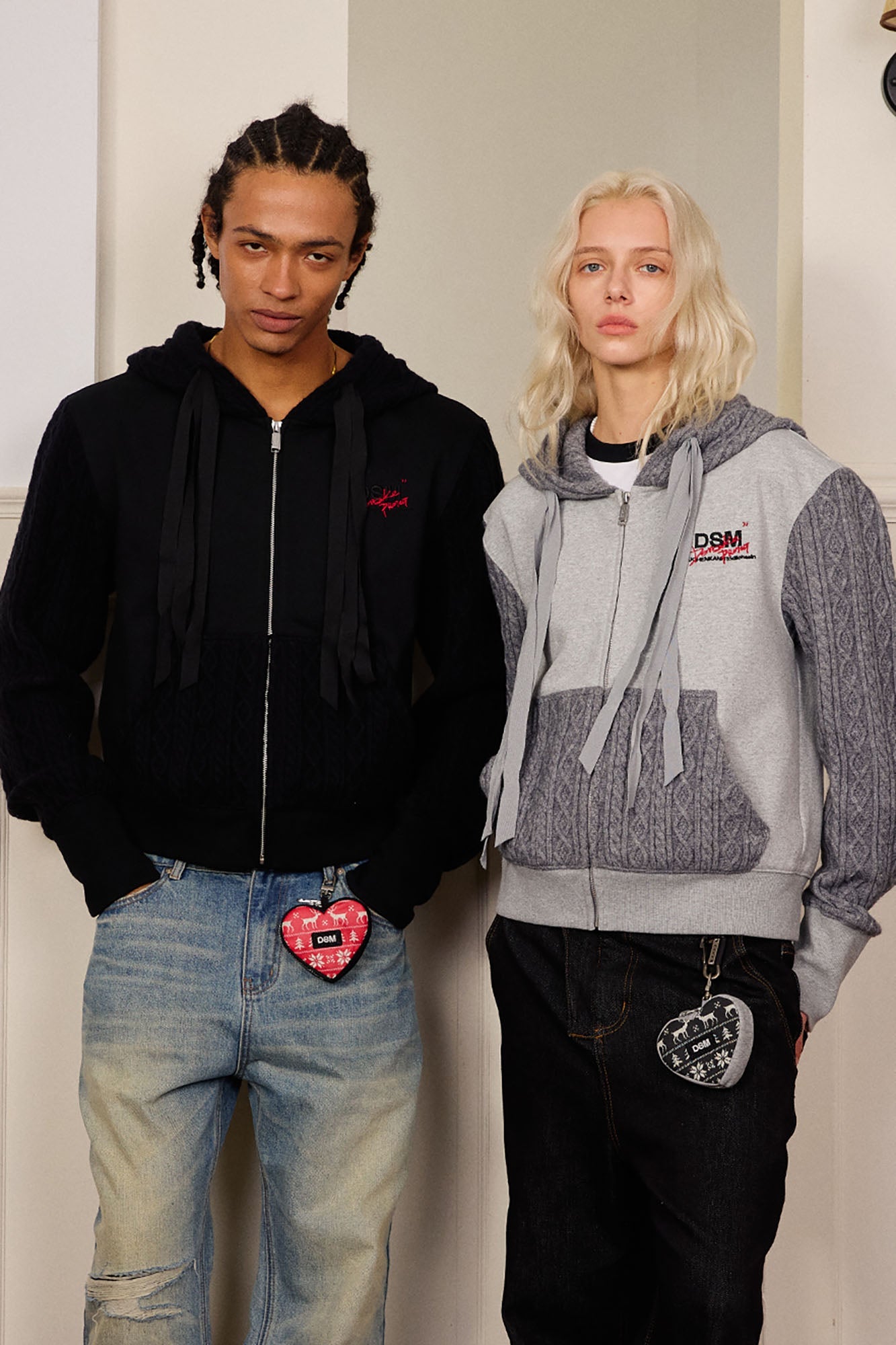 DONSMOKE Spliced Cable-Knit Zip-Up Hoodie