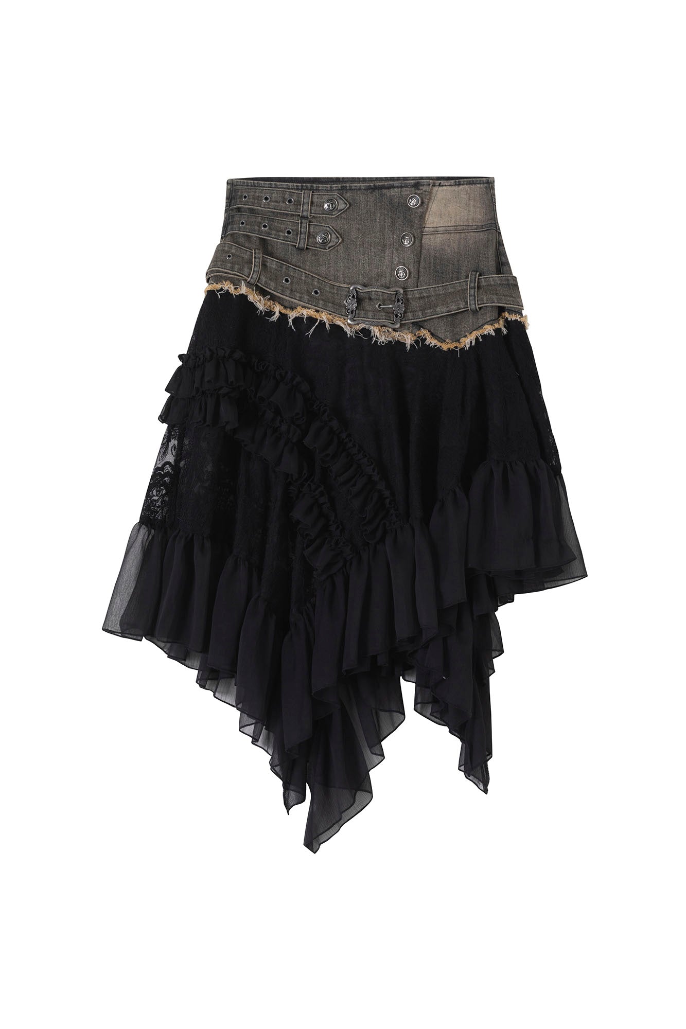 CESTNOUS Denim Belt-Waist Lace Ruffle Asym Skirt