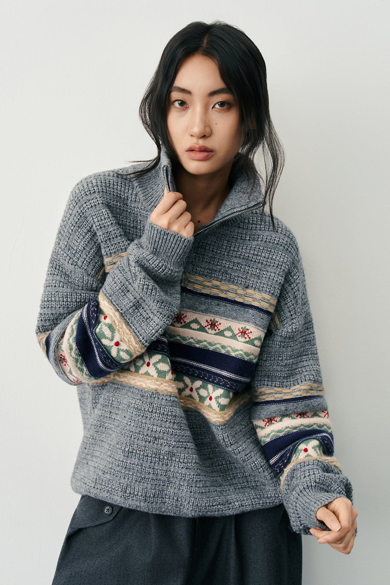 SAME FLOW Fair Isle Half-Zip Oversized Sweater