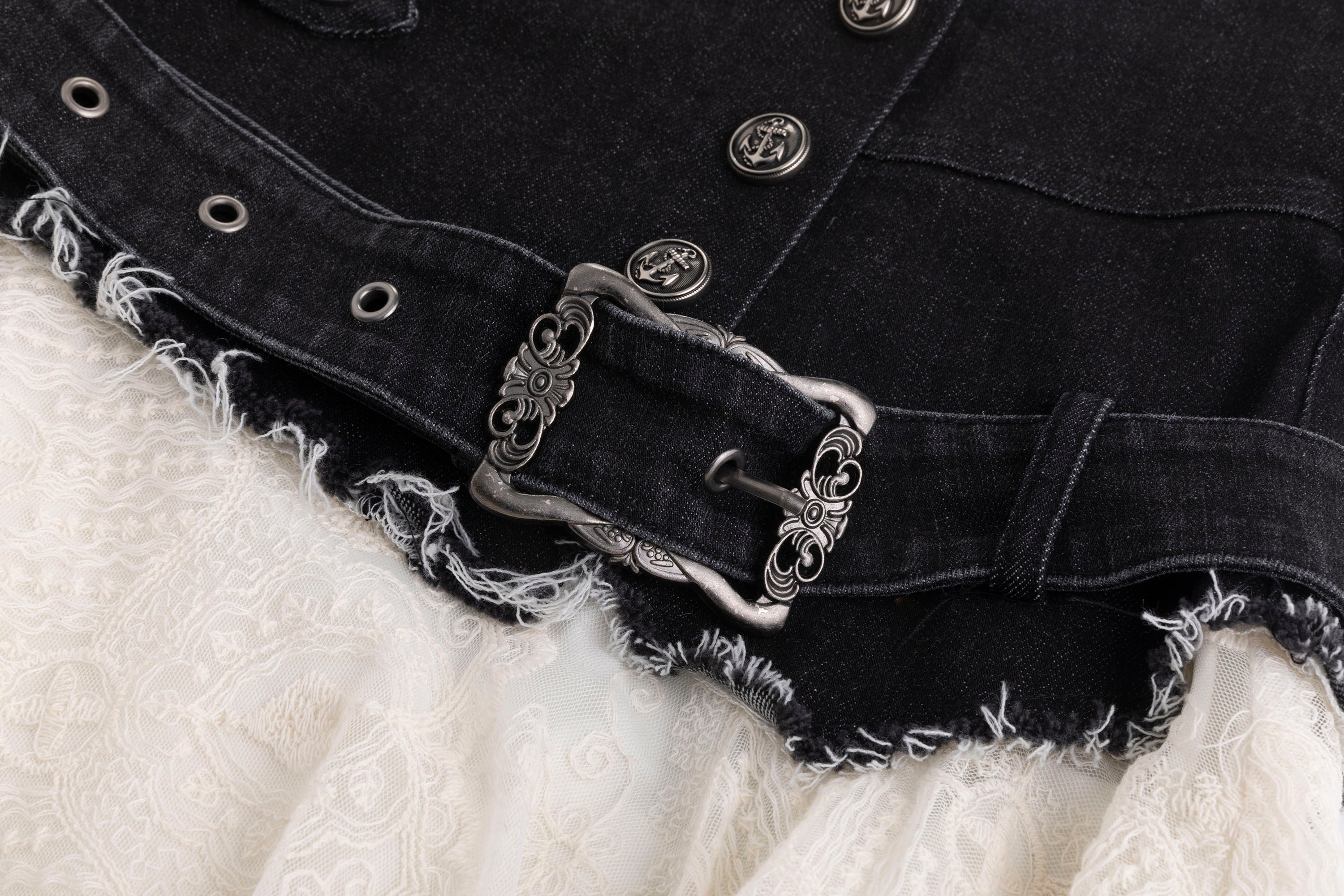 CESTNOUS Denim Belt-Waist Lace Ruffle Asym Skirt