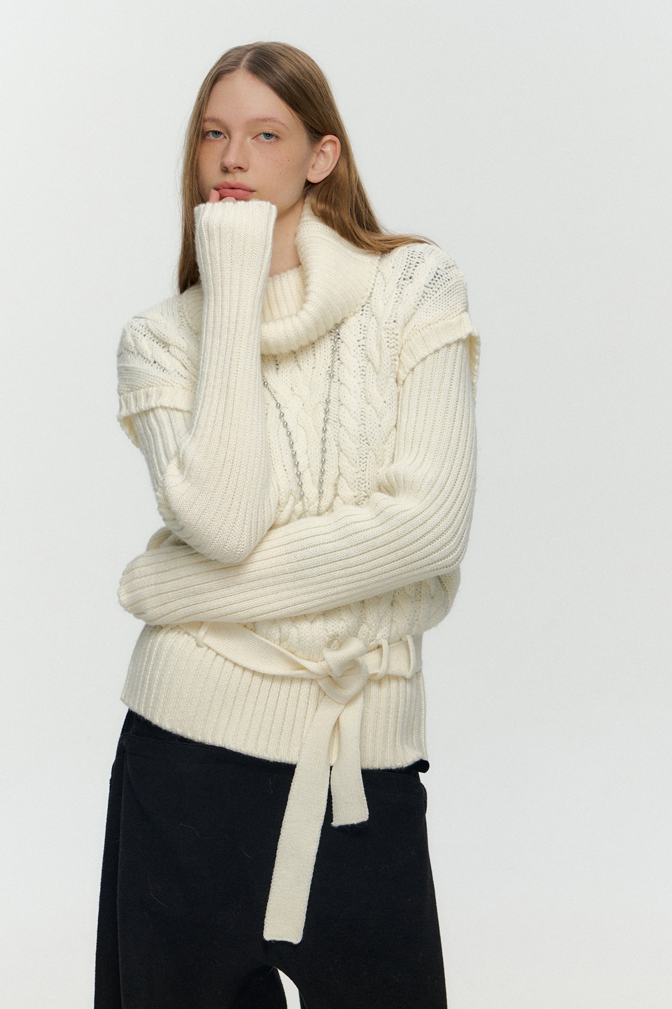 10AMSOTIIIIIIRED Spliced Cable-Knit Wool-Blend Belted Sweater