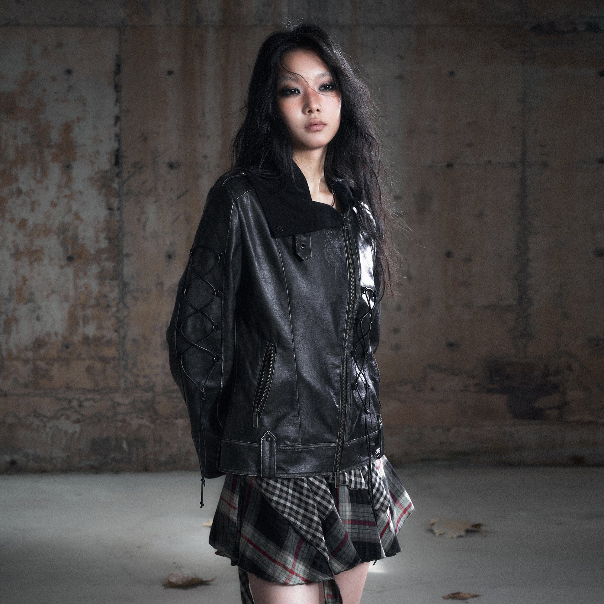 CESTNOUS Lace-Up Panel Knit Turtleneck PU Jacket