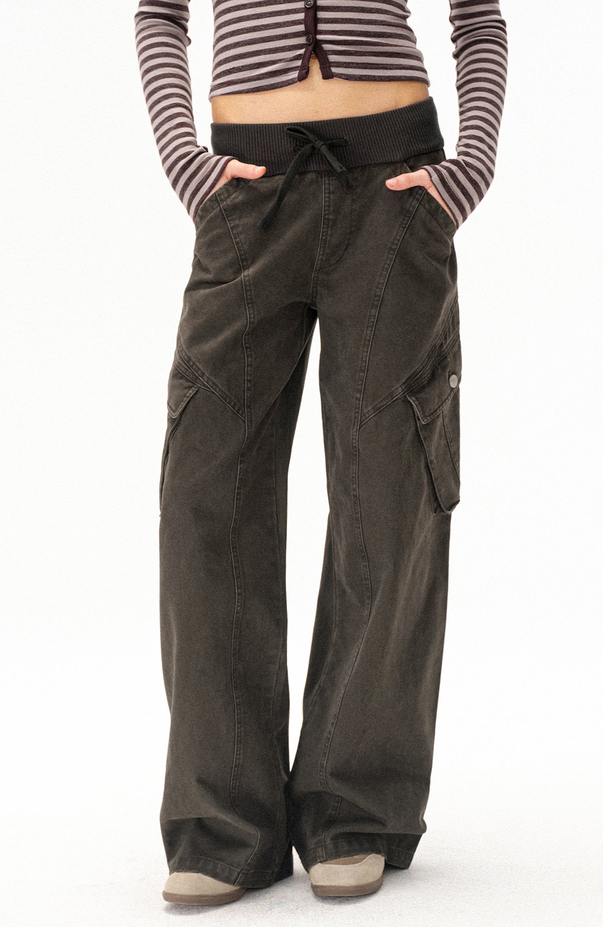 COSTUSTOOT Multi-Pocket Washed Distressed Ribbed Waist Cargo Pants