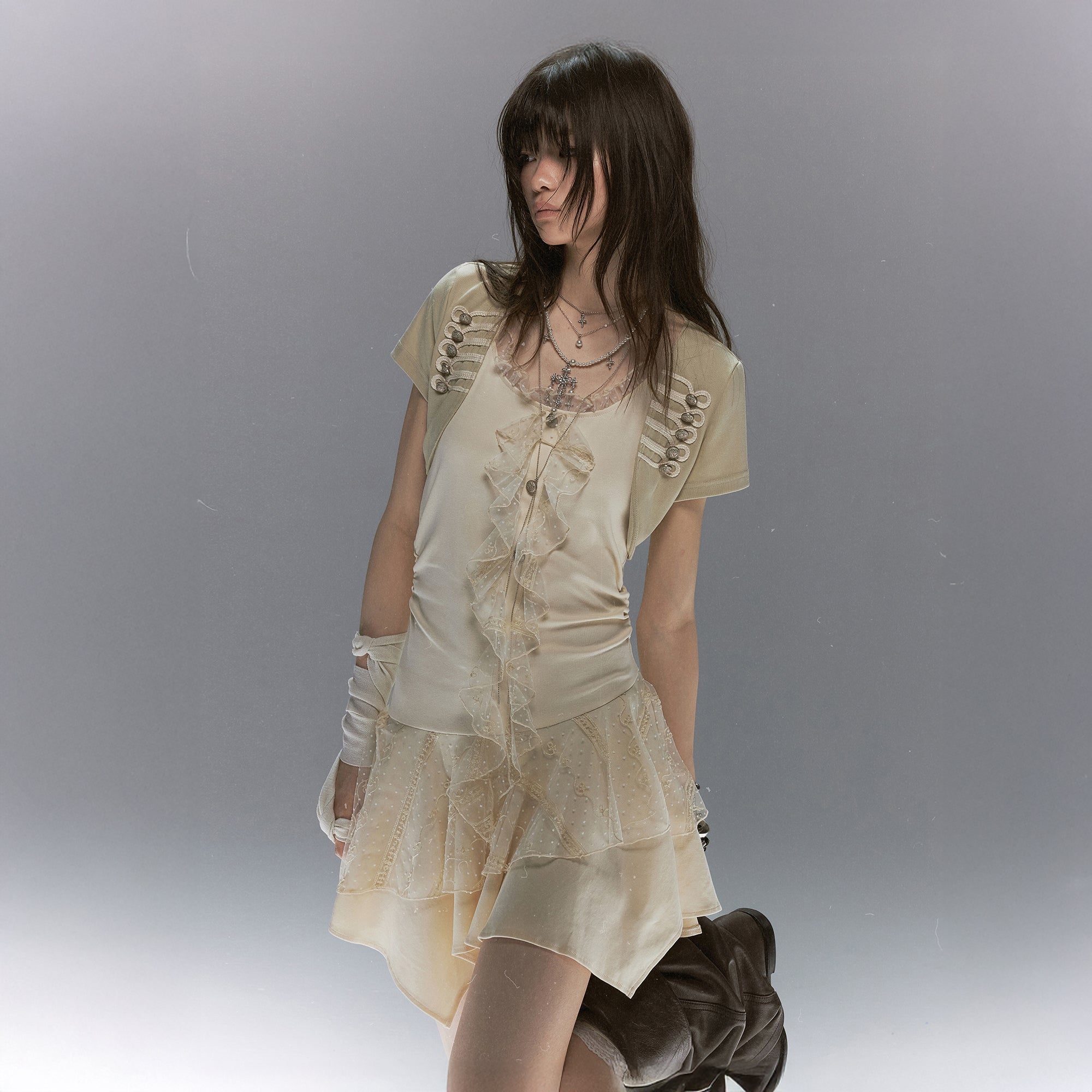 CESTNOUS Napoleon-Braid Layer Ruffle Mini Dress