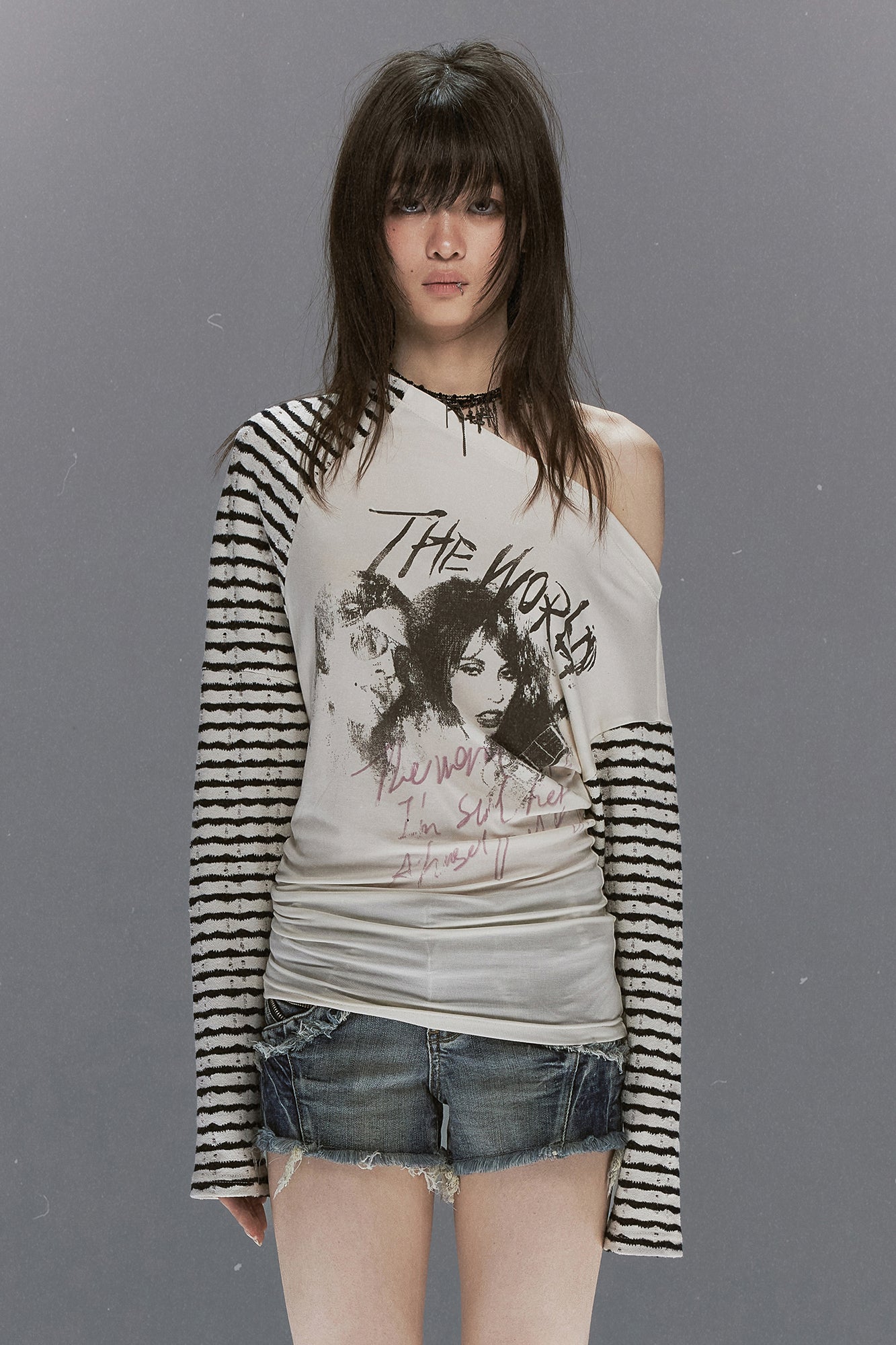 CESTNOUS Punk Graphic Spliced Striped Off-Shoulder Long-Sleeve Tee