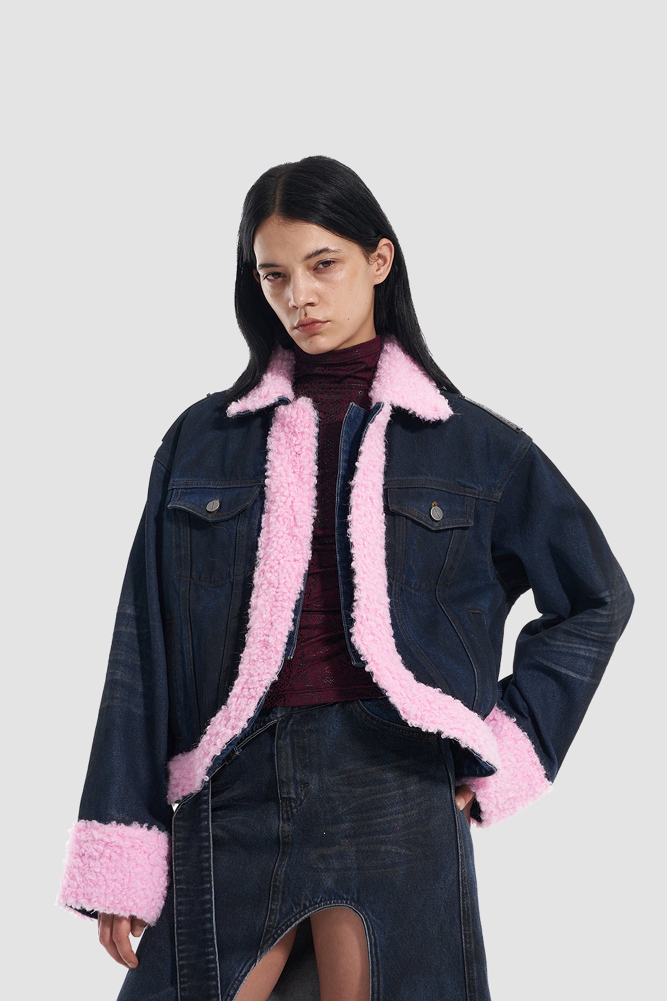 VANN VALRENCE Contrast Shearling-Lined Denim Jacket