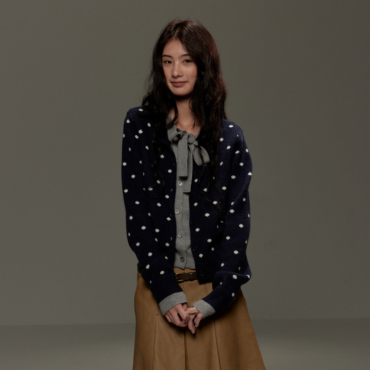 LVETONG Polka Dot Bow-Tie Layered Cardigan