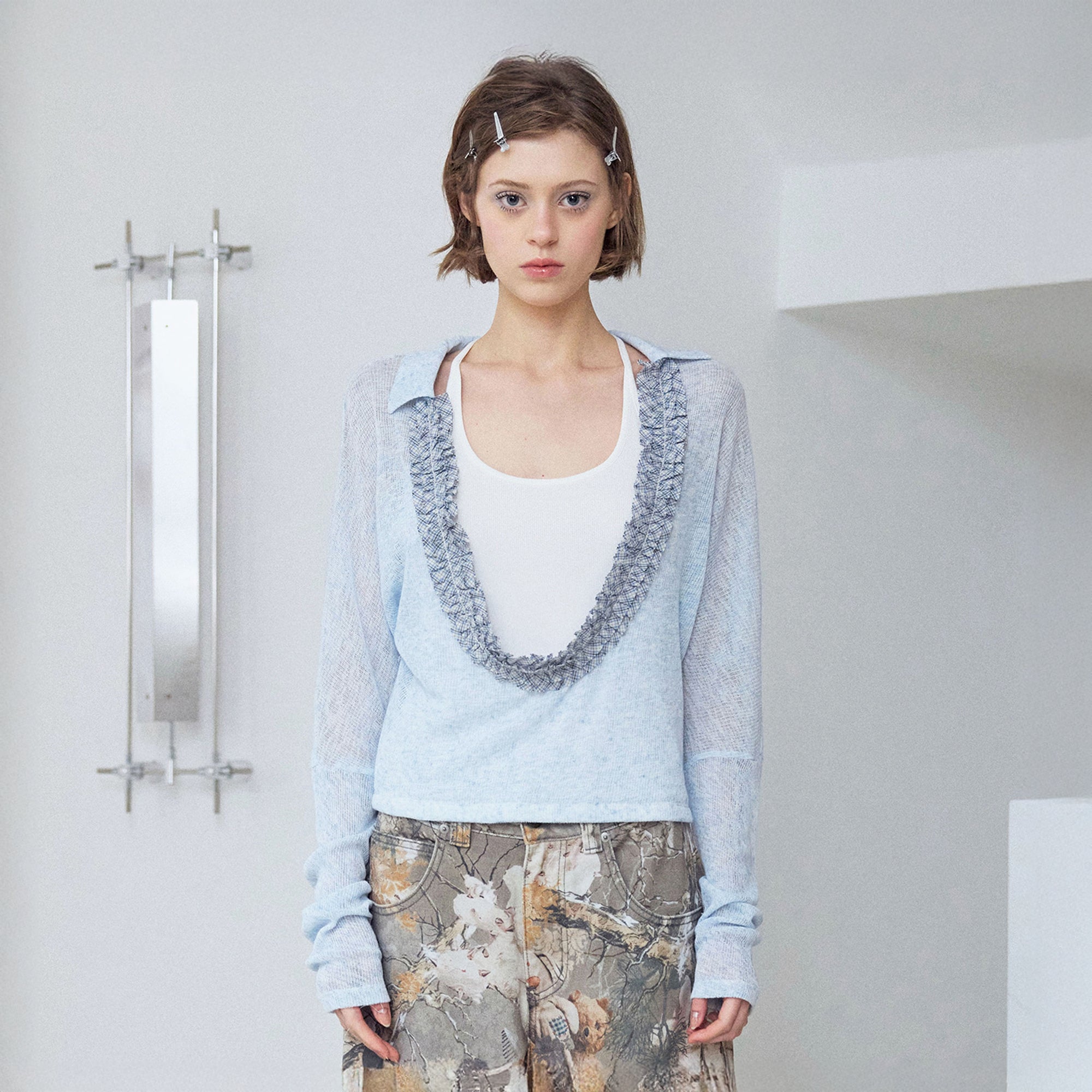 WII WIL Faux-Layer Ruffle-Trim Knit Top