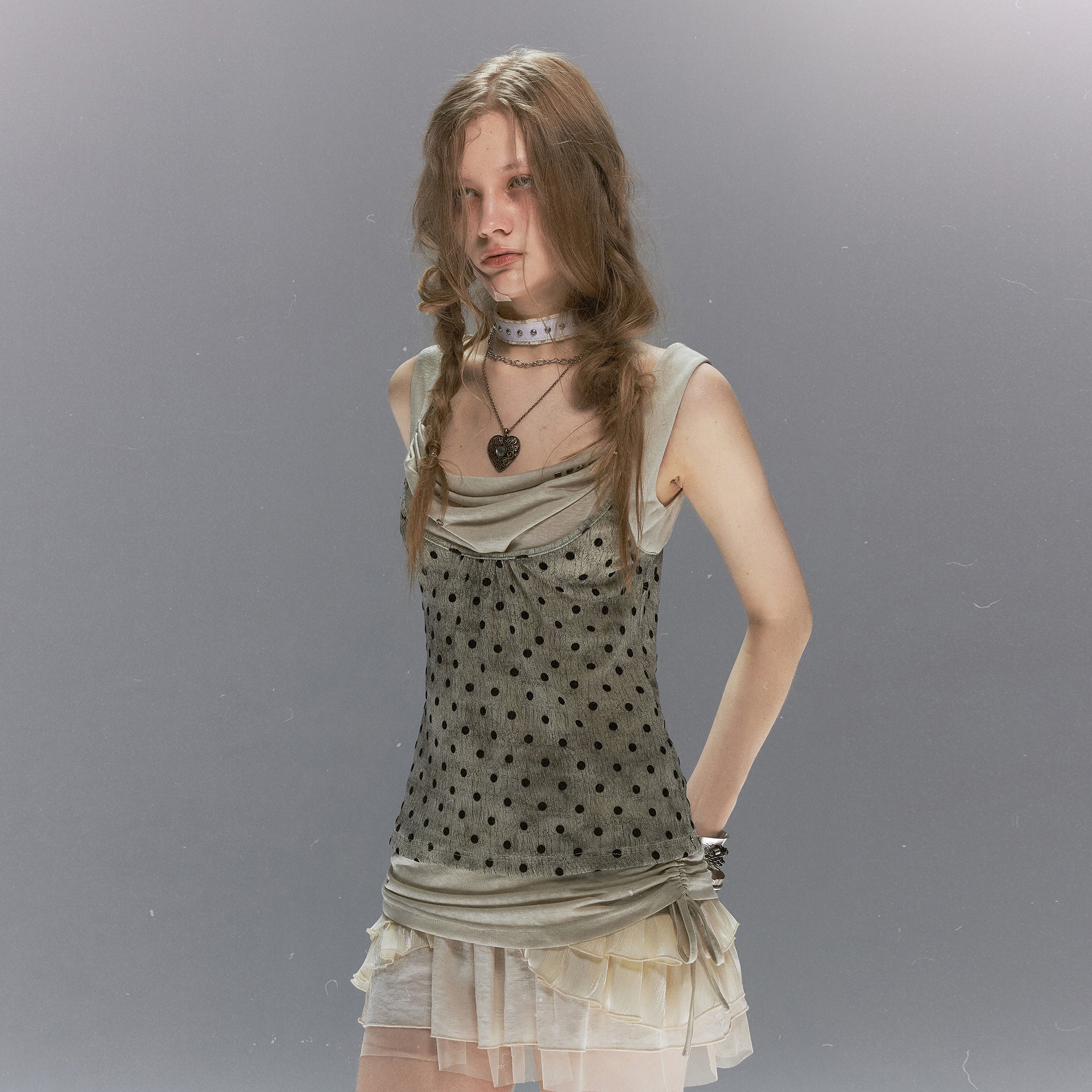 CESTNOUS Polka Dot Spliced Drawstring Tank Top