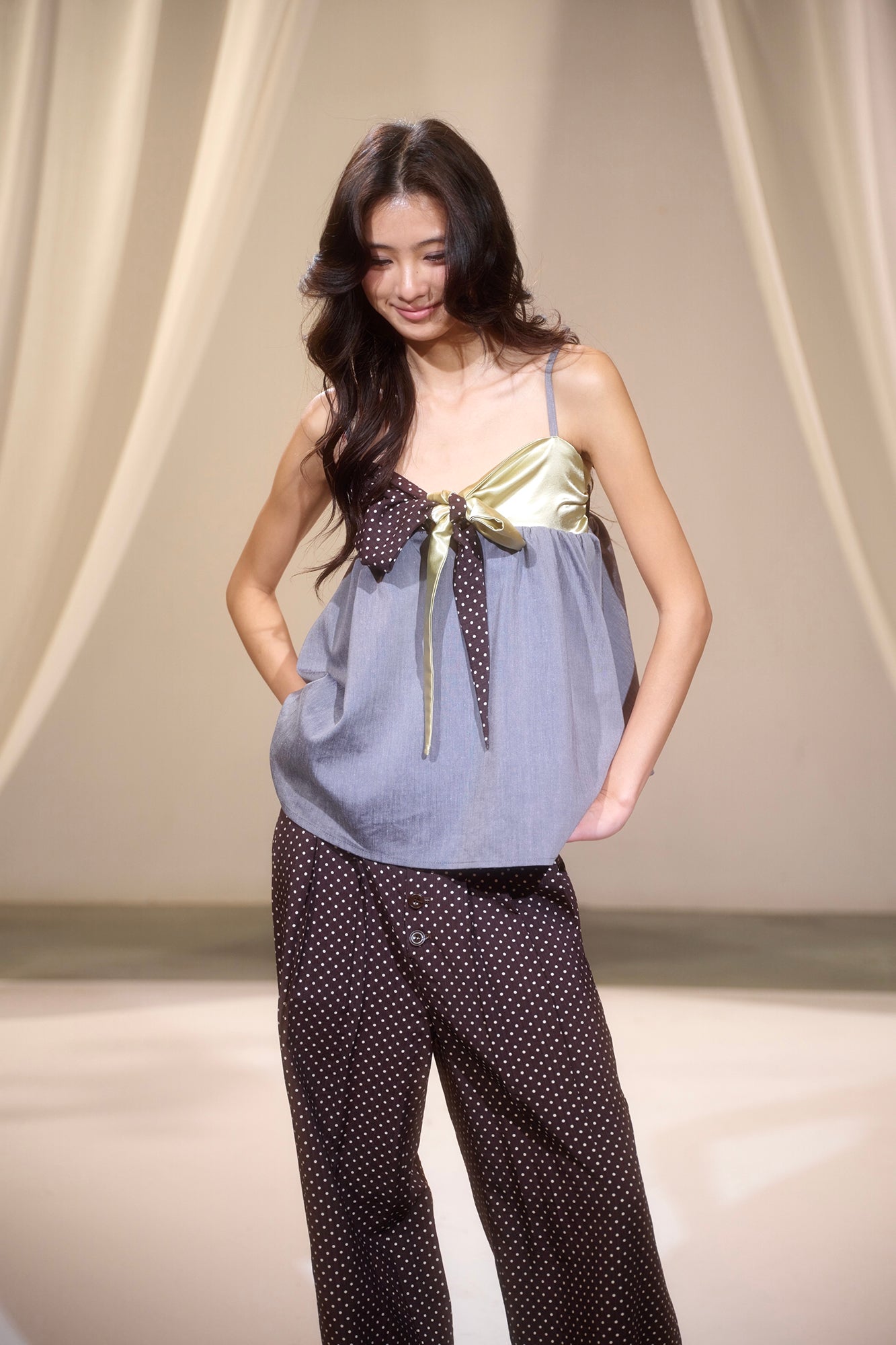 IVETONG Ribbon Tie Satin Camisole Top