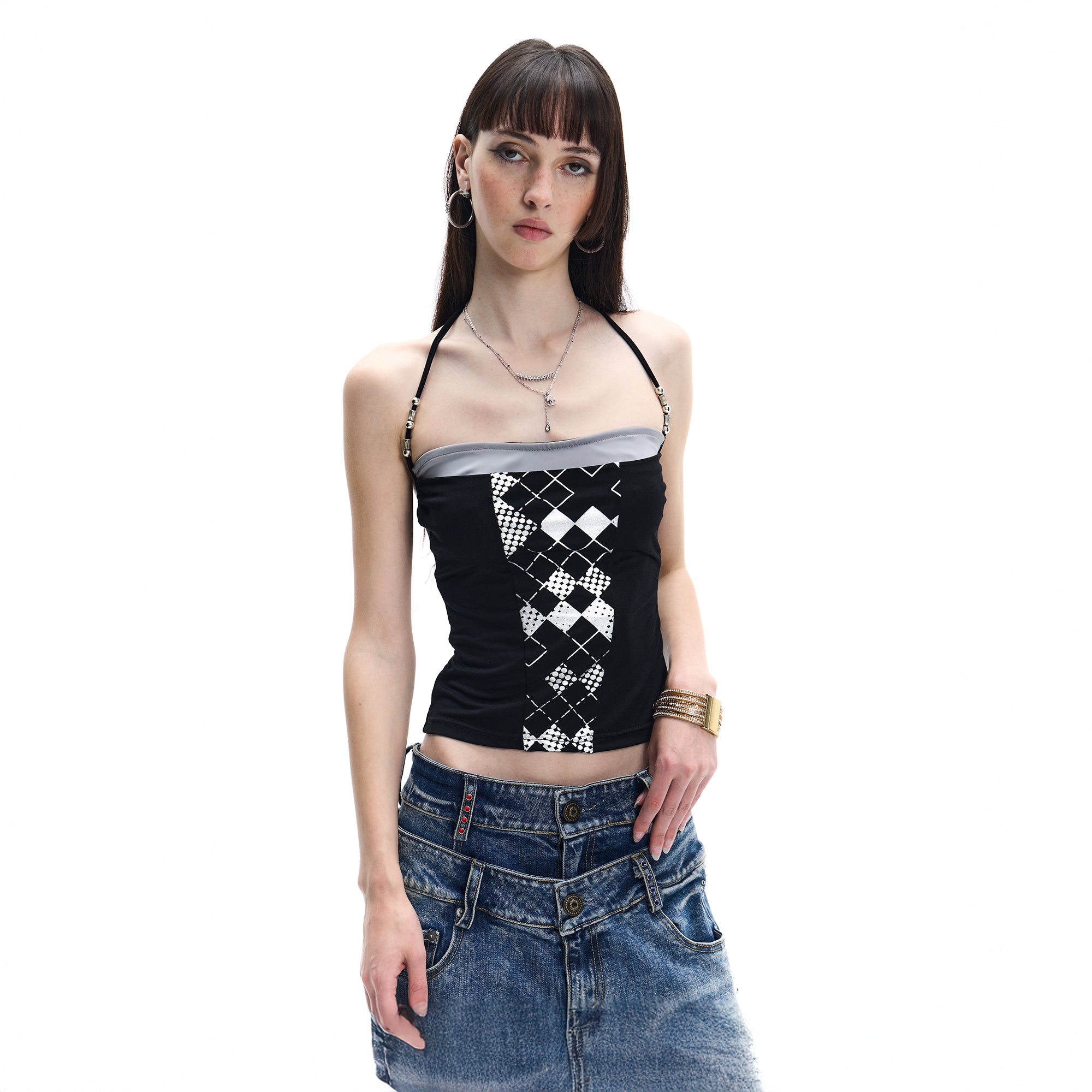 FAYCHUI Argyle Graphic Beaded-Strap Cami Top
