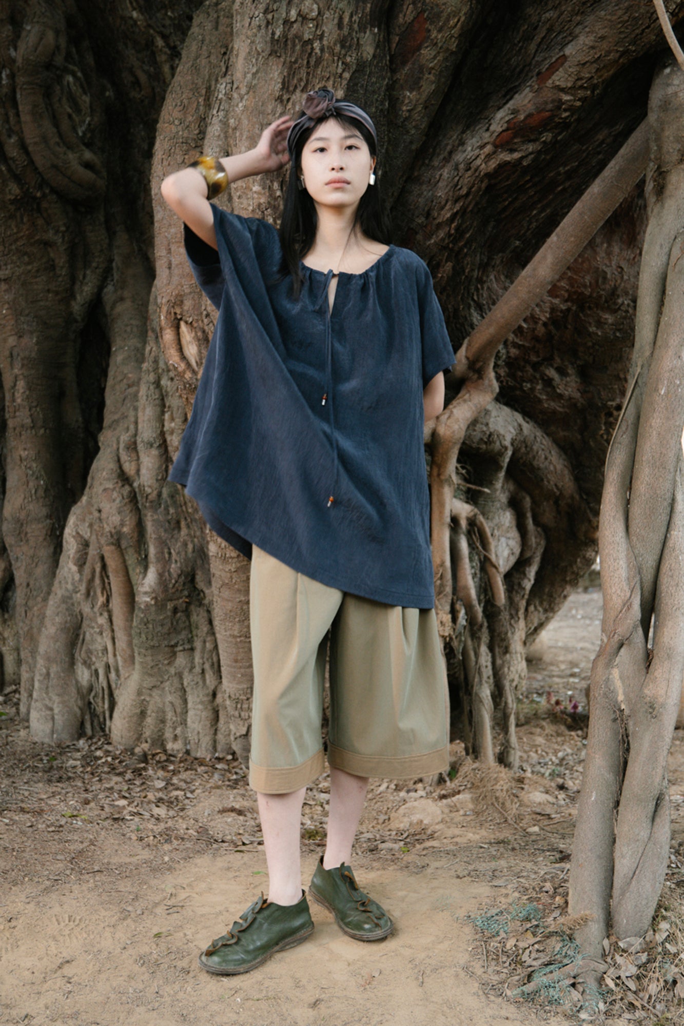 CAIRA Washed Drawstring Neck T-Shirt