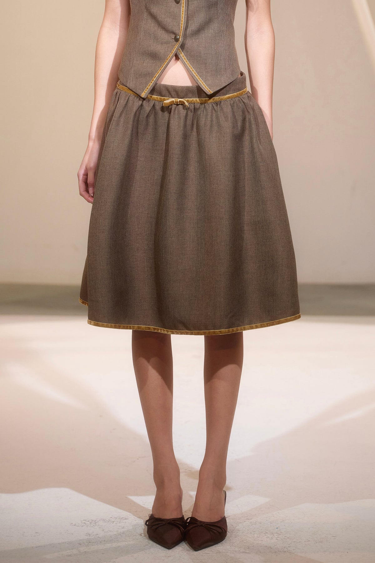 LVETONG Sailor-Collar Belted Vest & Gathered Skirt Set