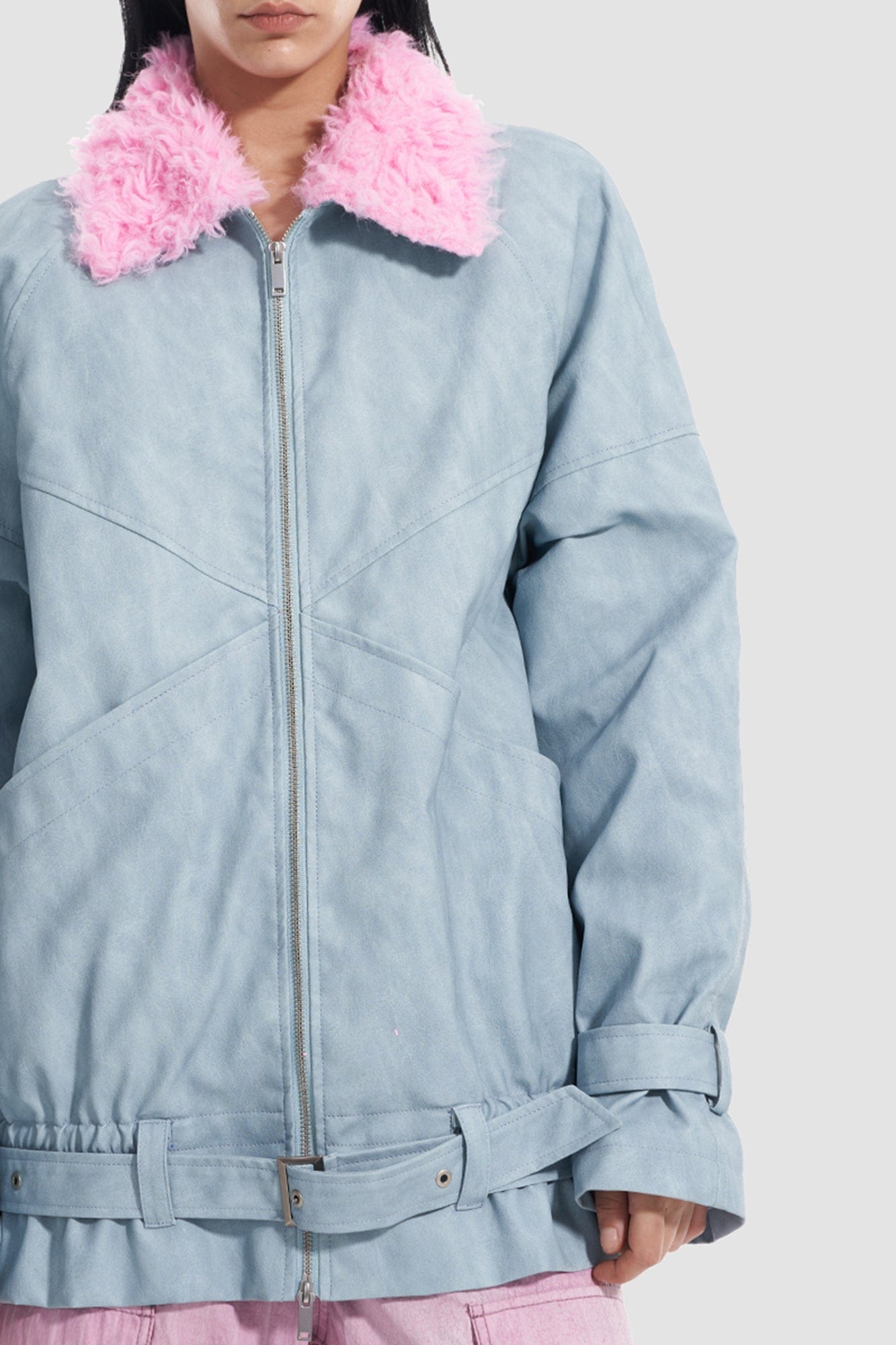 VANN VALRENCE Contrast Faux Fur Collar Belted Jacket