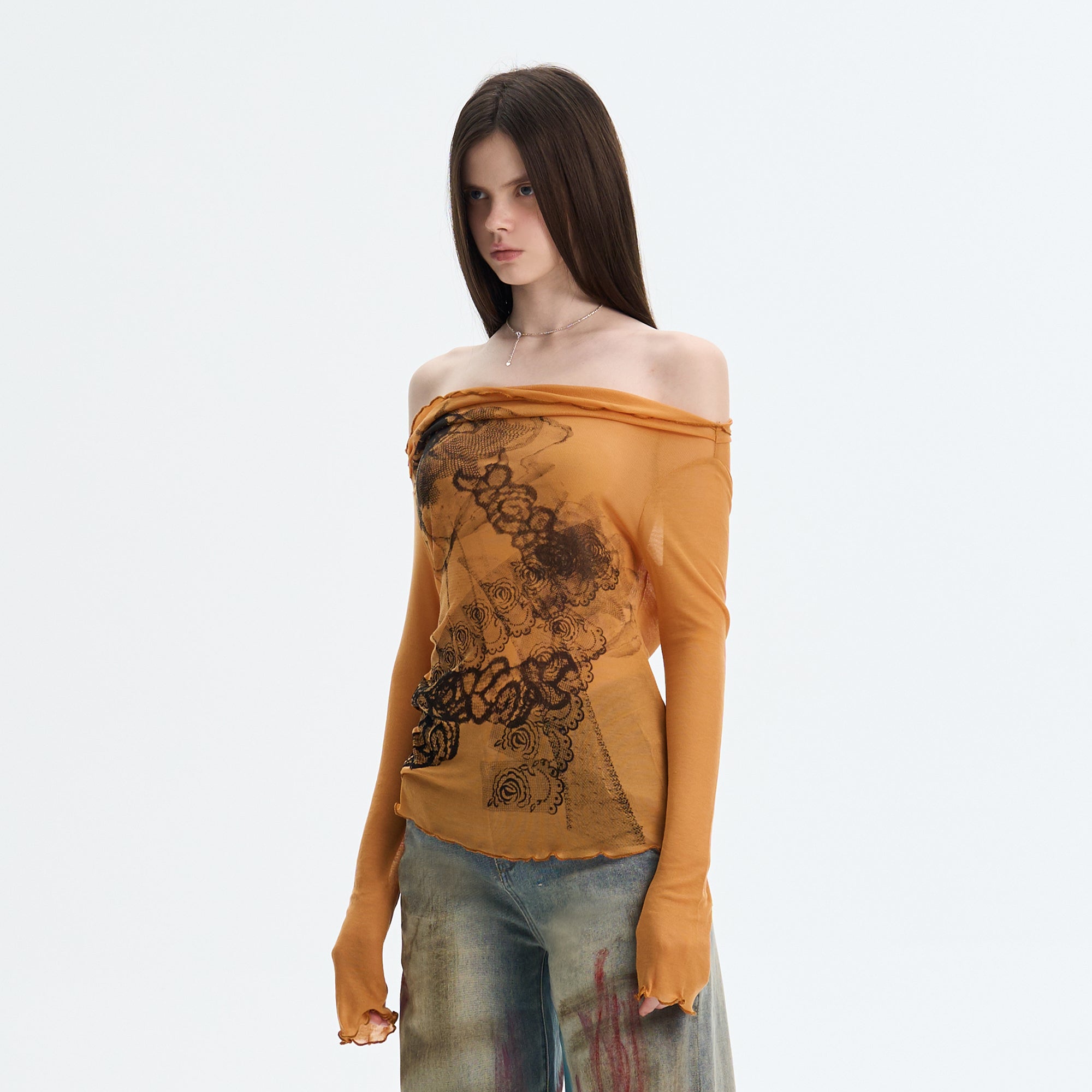 THE NEVERMORE Sheer Off-Shoulder Lettuce Edge Tee