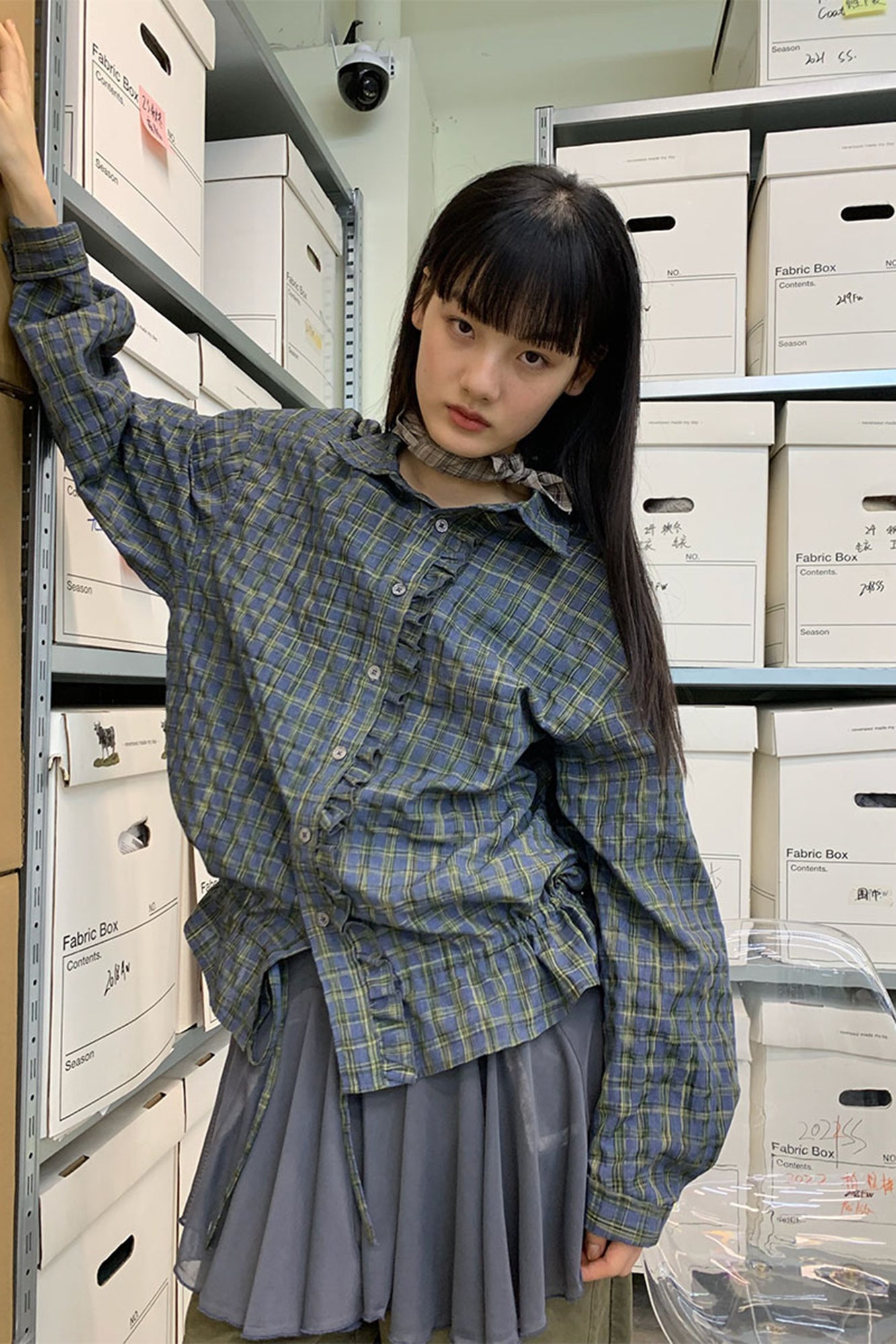 NEVERSEEZ Ruffle-Placket Seersucker Plaid Drawstring Shirt