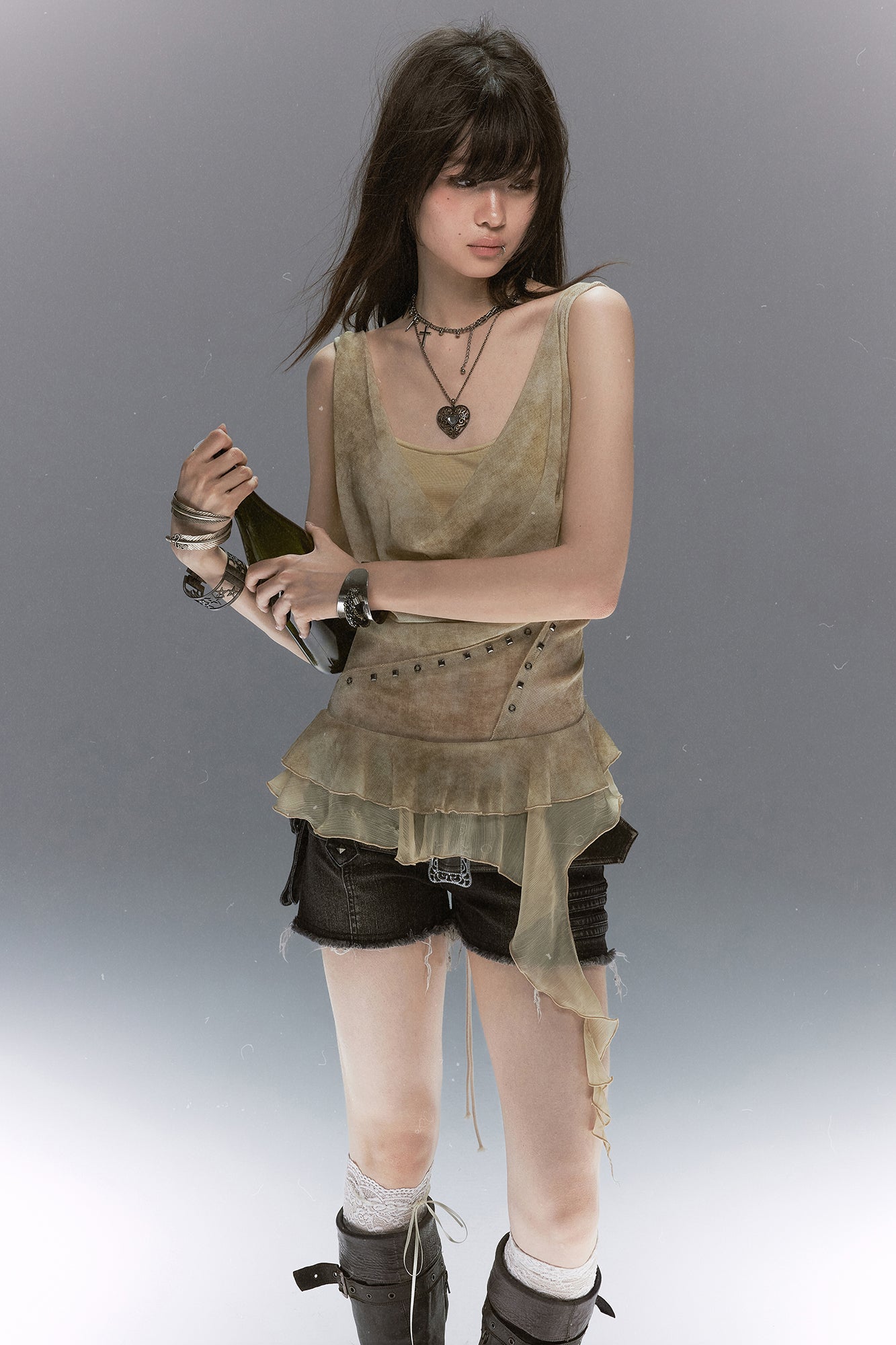 CESTNOUS Studded Lace-Up Back Ruffle-Hem Tank Top