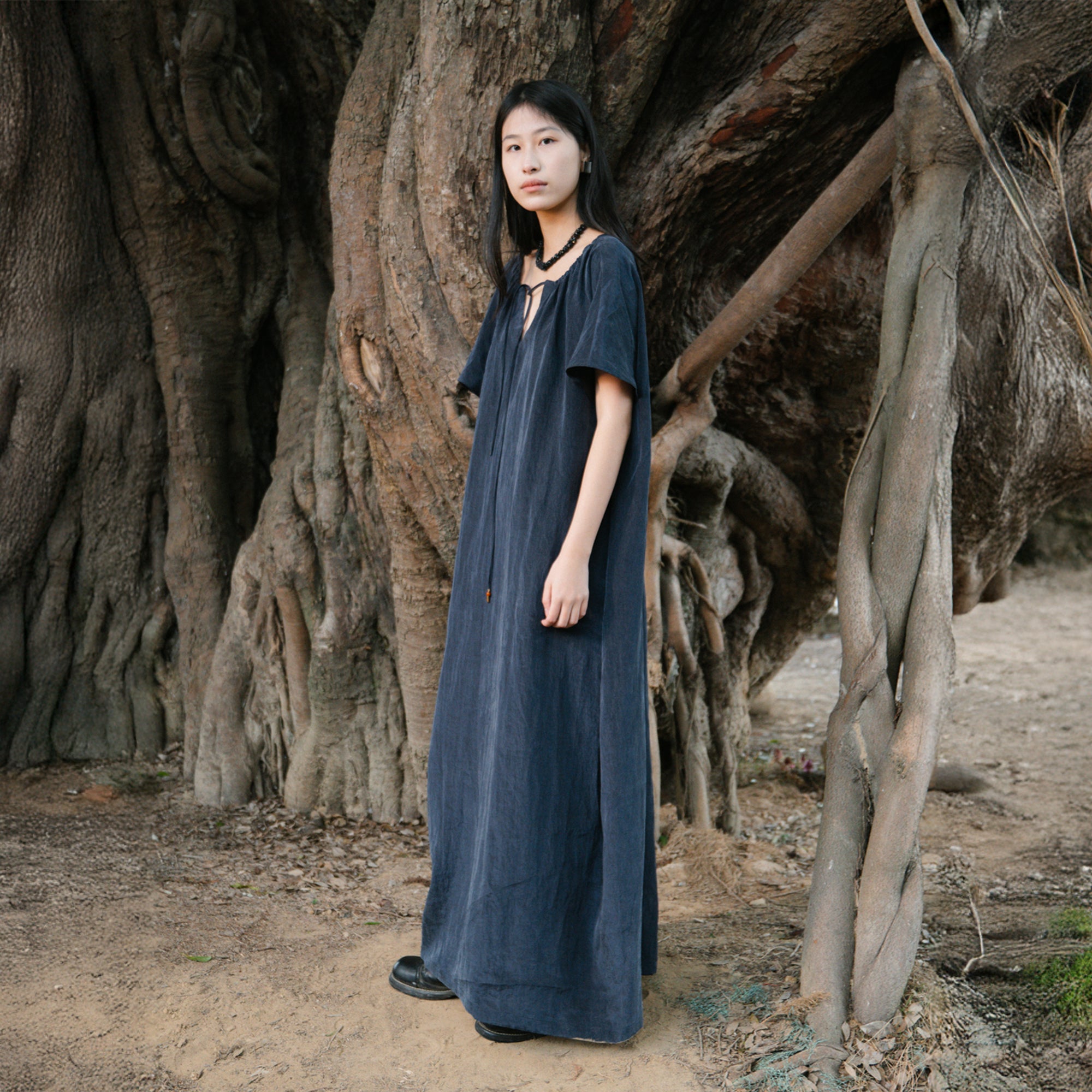 CAIRA Washed Drawstring Neck Maxi Dress