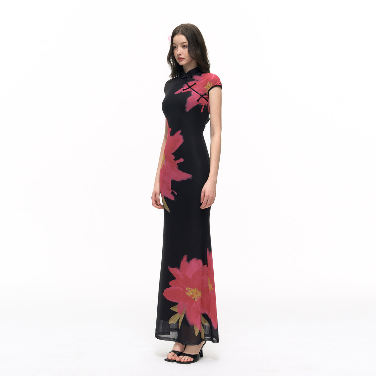 HIIMDAI Floral-Print Slim Qipao Maxi Dress