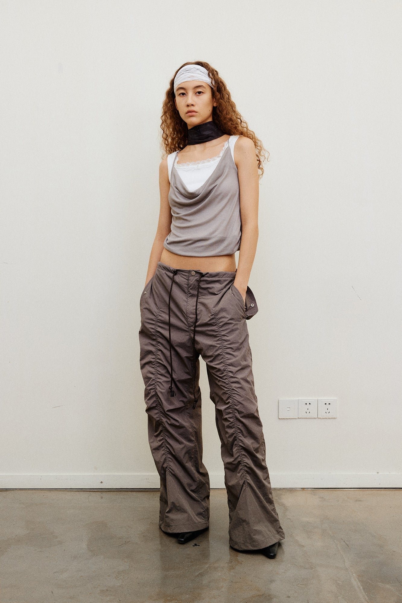 NEVERSEEZ Drawstring Ruched Wide-Leg Utility Pants