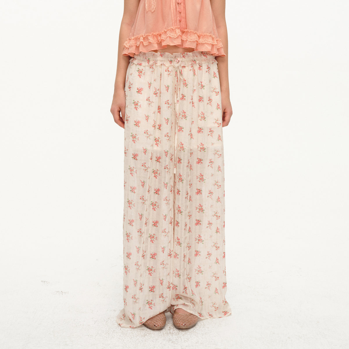 LVETONG Floral Ruffle-Trim Drawstring Wide-Leg Pants