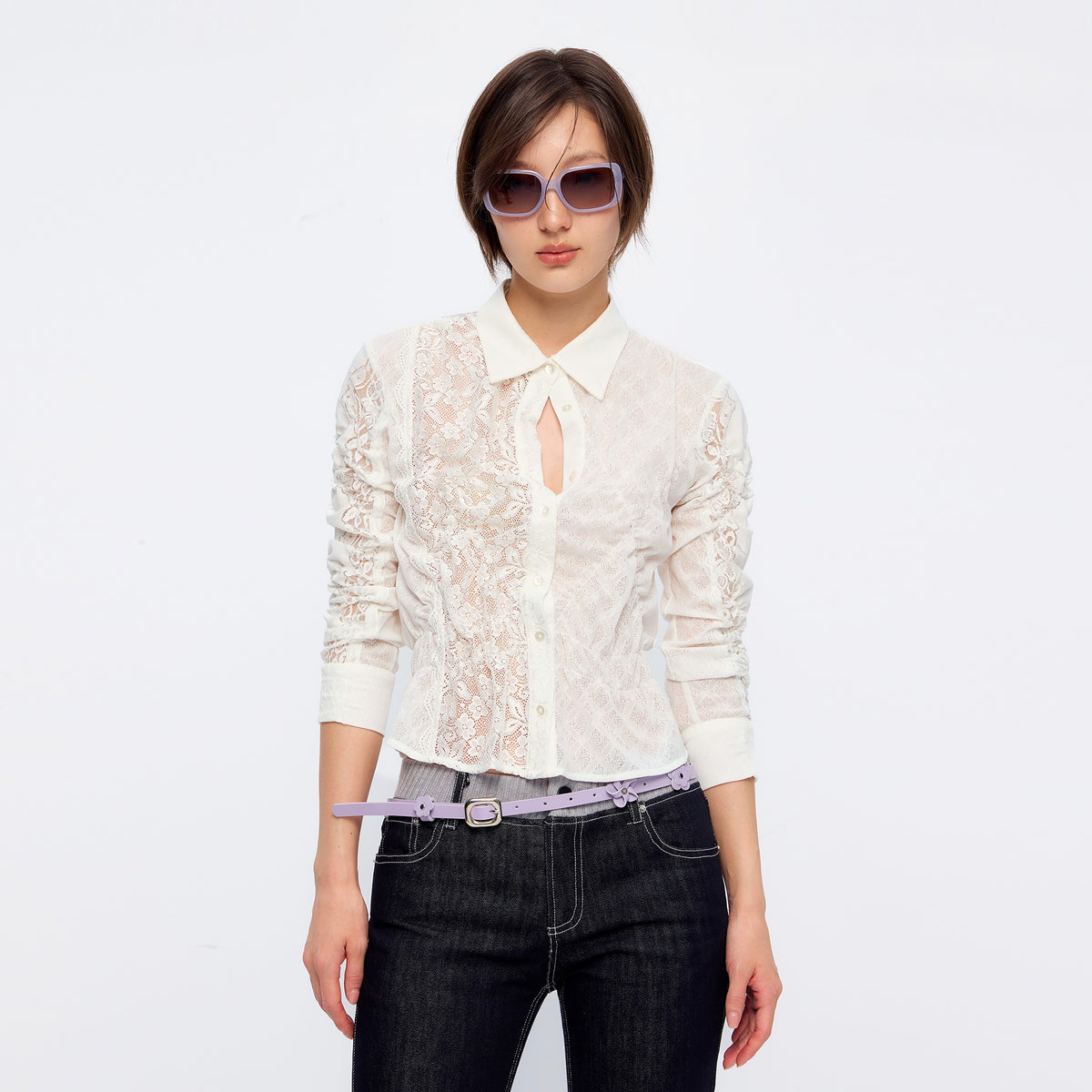 9266 STUDIO Retro Gathered Lace Asymmetrical Shirt