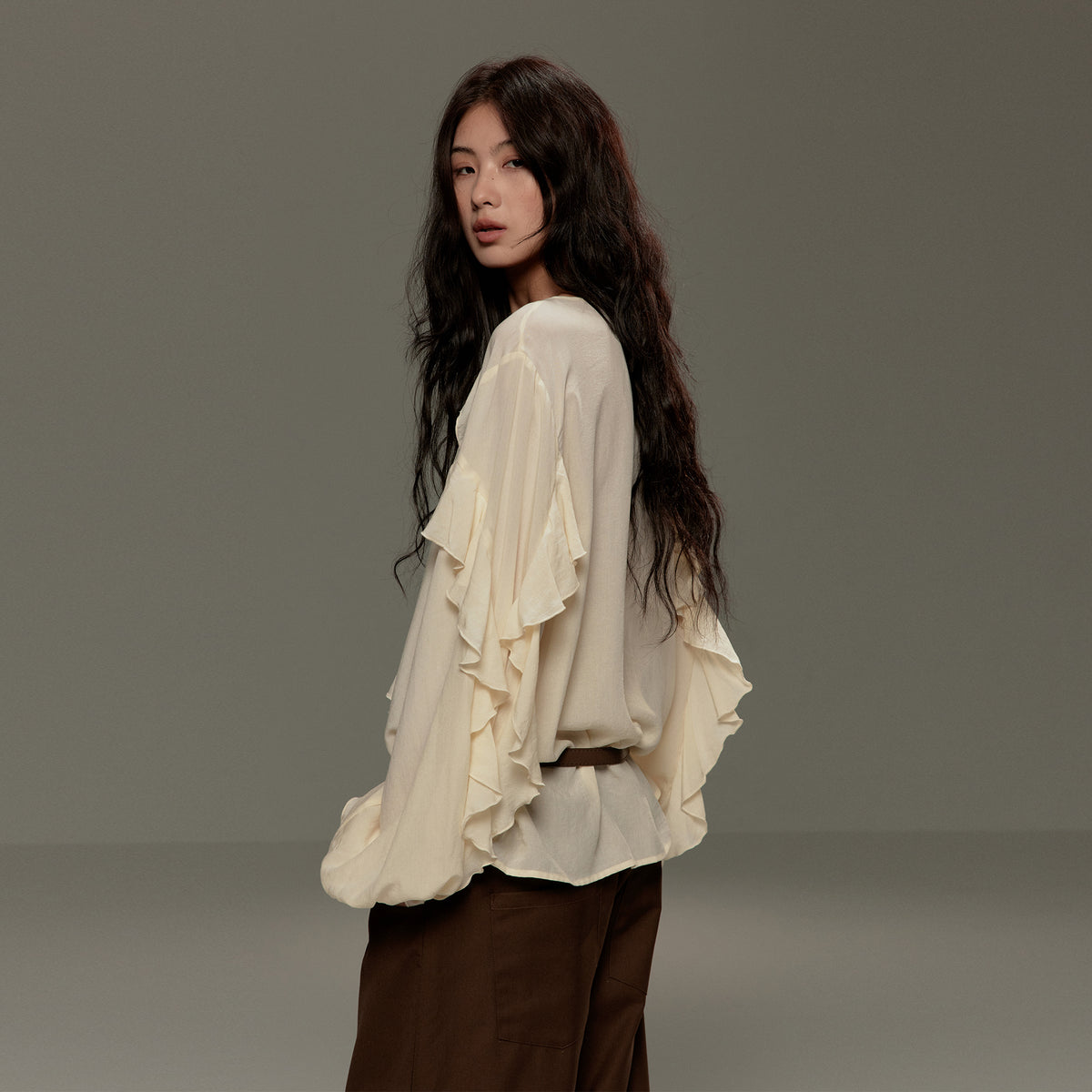 LVETONG Tencel Drawstring Ruffle-Hem Long-Sleeve Tee